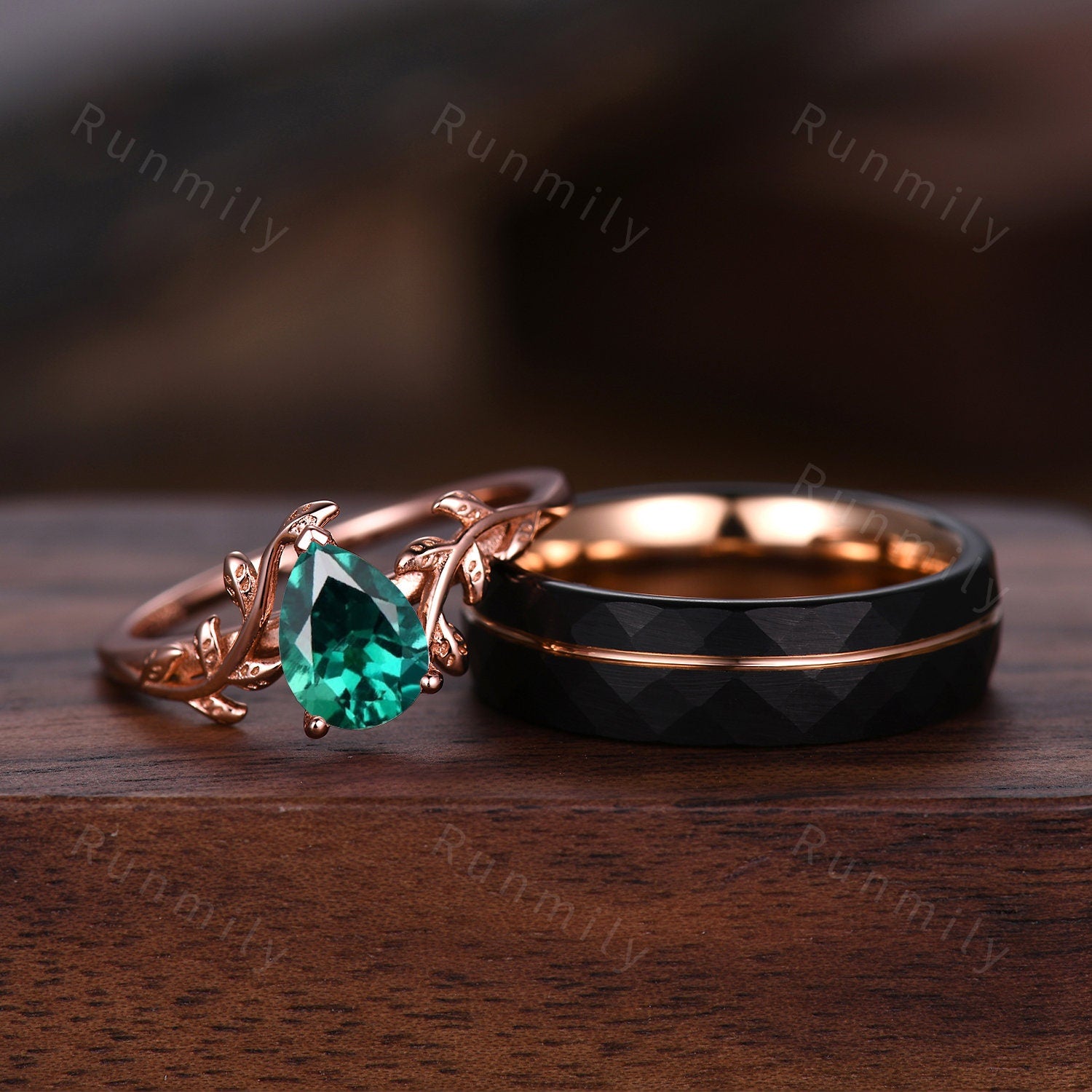 Vintage Green Emerald Couples Ring Rose Gold Matching Ring Set His And Hers Wedding Band Promise Ring For Men For Women May Birthstone Ring