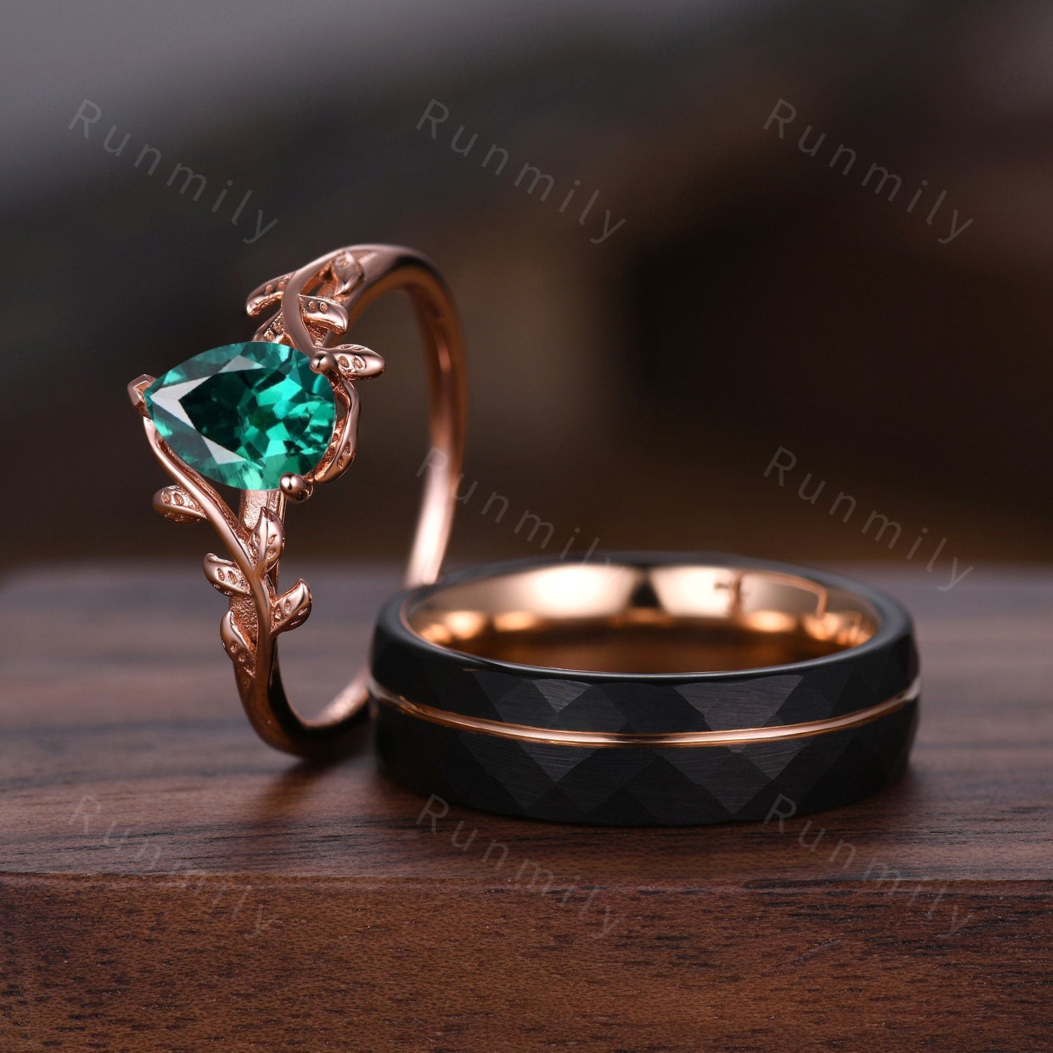 Vintage Green Emerald Couples Ring Rose Gold Matching Ring Set His And Hers Wedding Band Promise Ring For Men For Women May Birthstone Ring