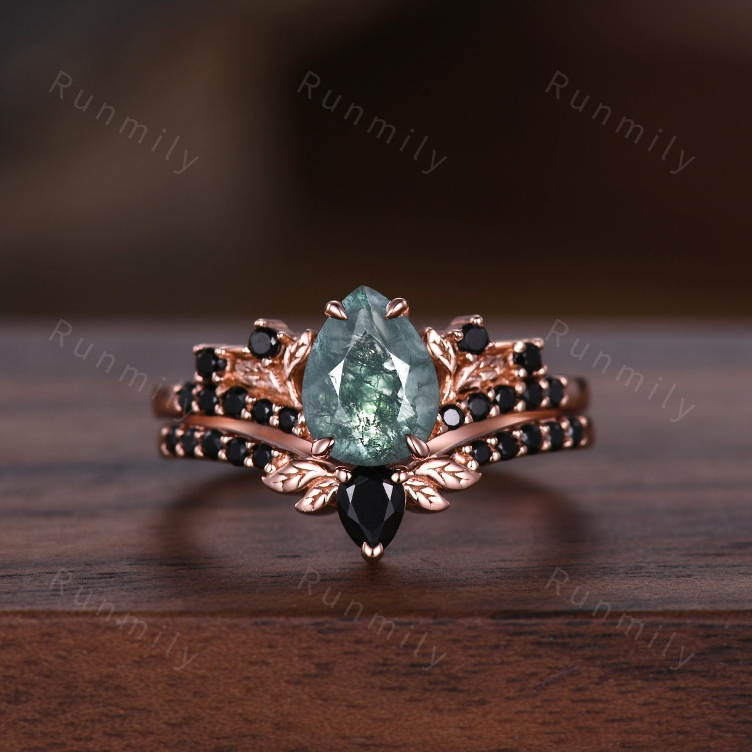 Vintage Pear Moss Agate Couples Ring Rose Gold Matching Ring Set His and Hers Wedding Band Green Agate Ring For Men For Women Promise Ring