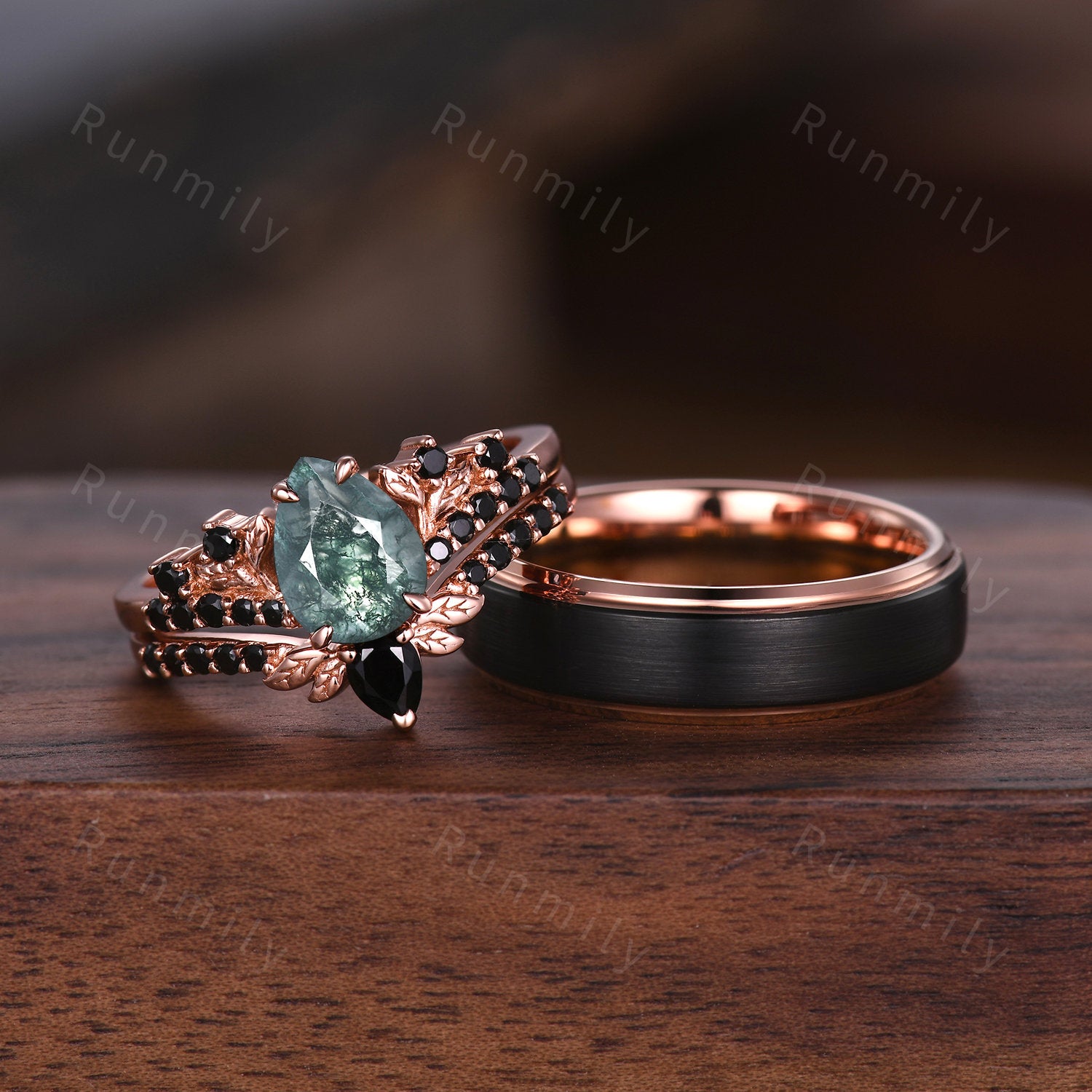 Vintage Pear Moss Agate Couples Ring Rose Gold Matching Ring Set His and Hers Wedding Band Green Agate Ring For Men For Women Promise Ring
