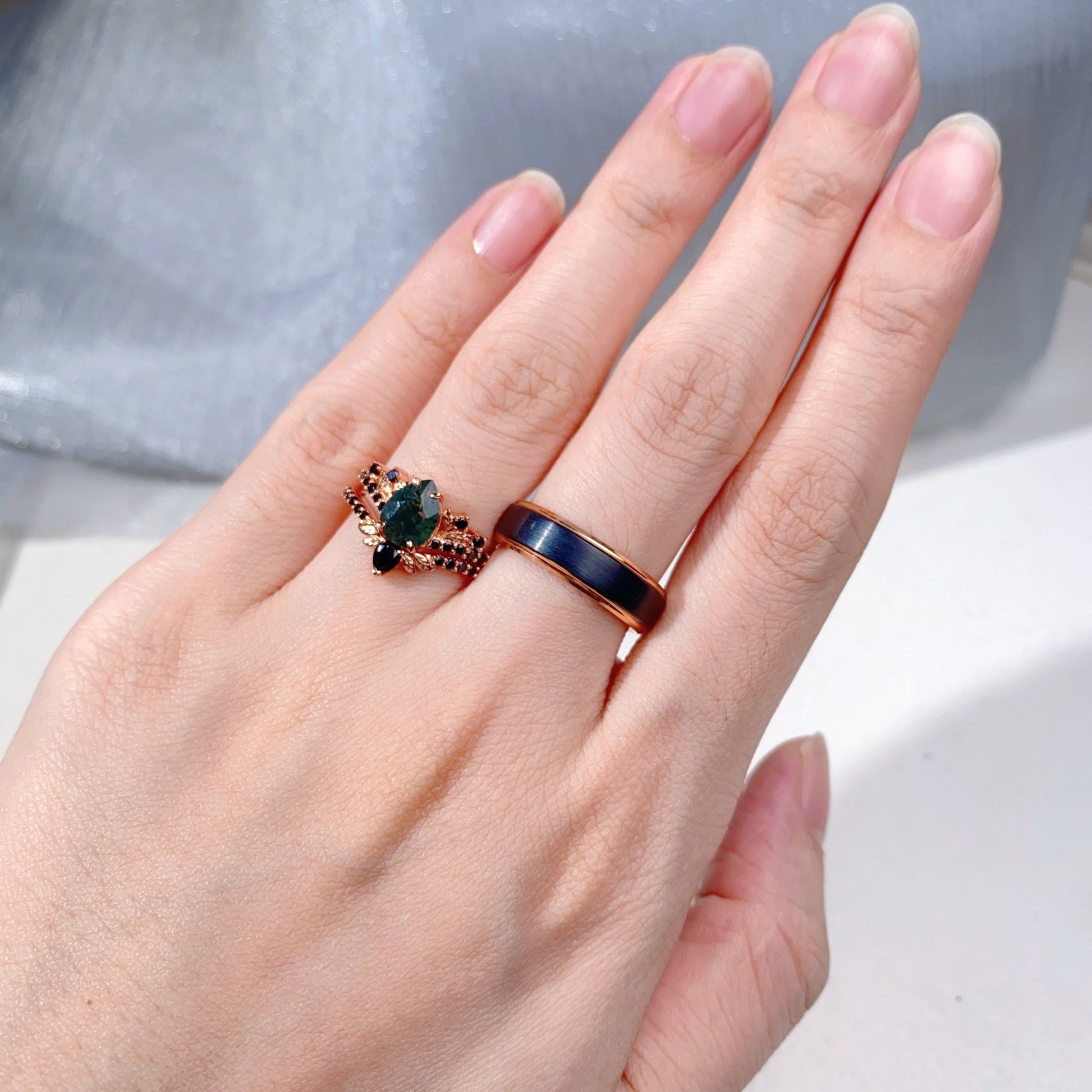 Vintage Pear Moss Agate Couples Ring Rose Gold Matching Ring Set His and Hers Wedding Band Green Agate Ring For Men For Women Promise Ring
