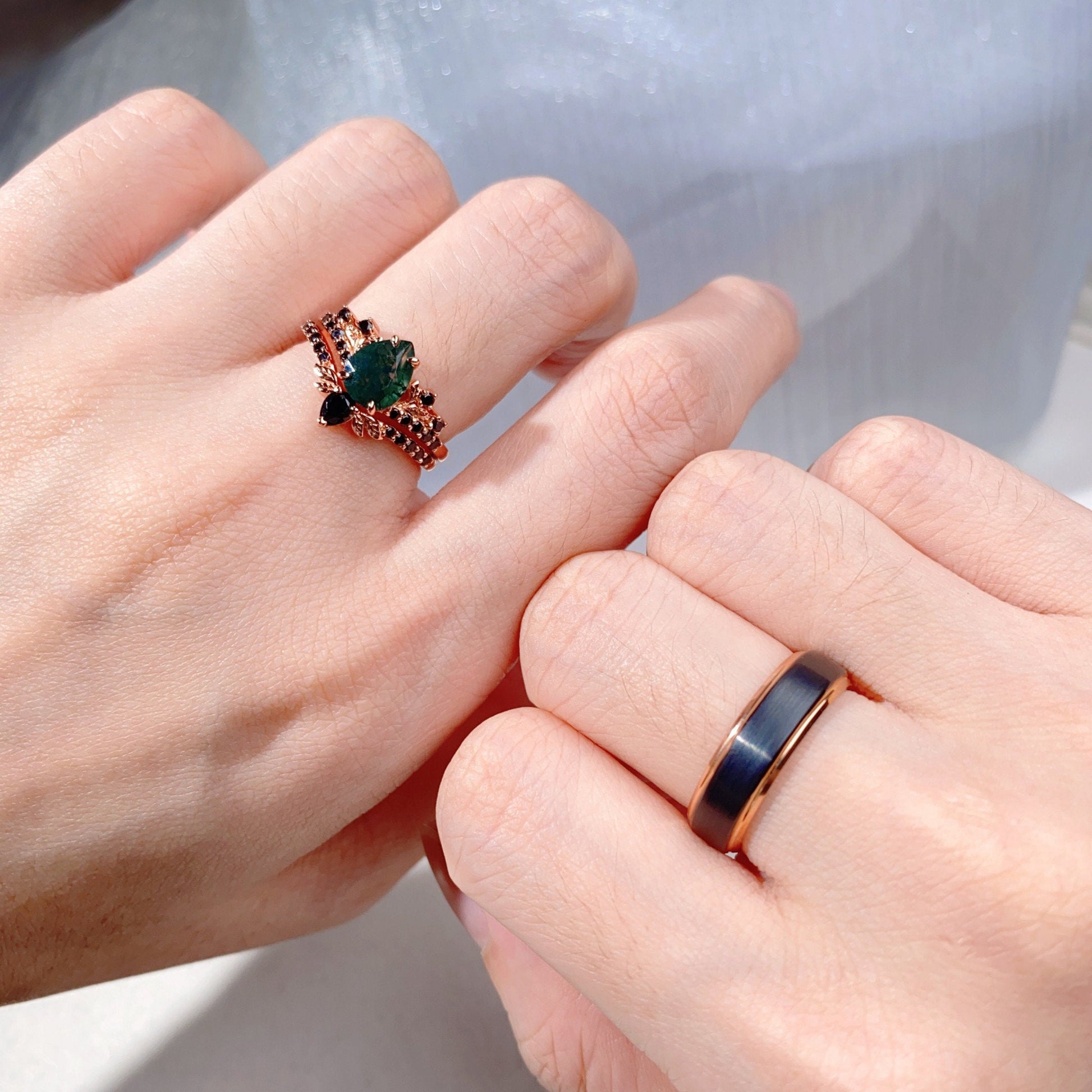 Vintage Pear Moss Agate Couples Ring Rose Gold Matching Ring Set His and Hers Wedding Band Green Agate Ring For Men For Women Promise Ring