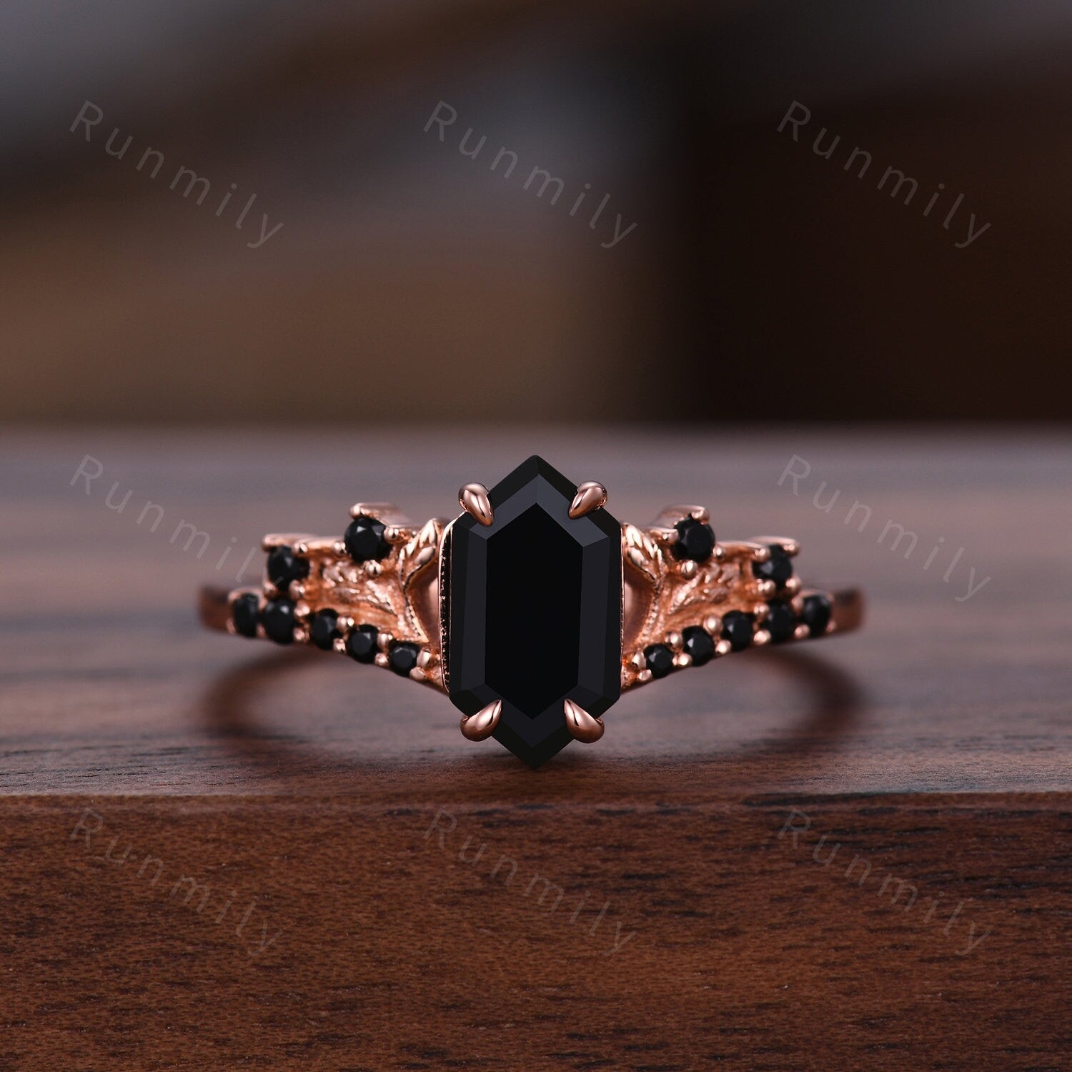 Vintage Hexagon Black Onyx Engagement Ring Set Rose Gold Leaf Branch Black Spinel Ring Unique Art Deco Bridal Wedding Ring Set Black Stone