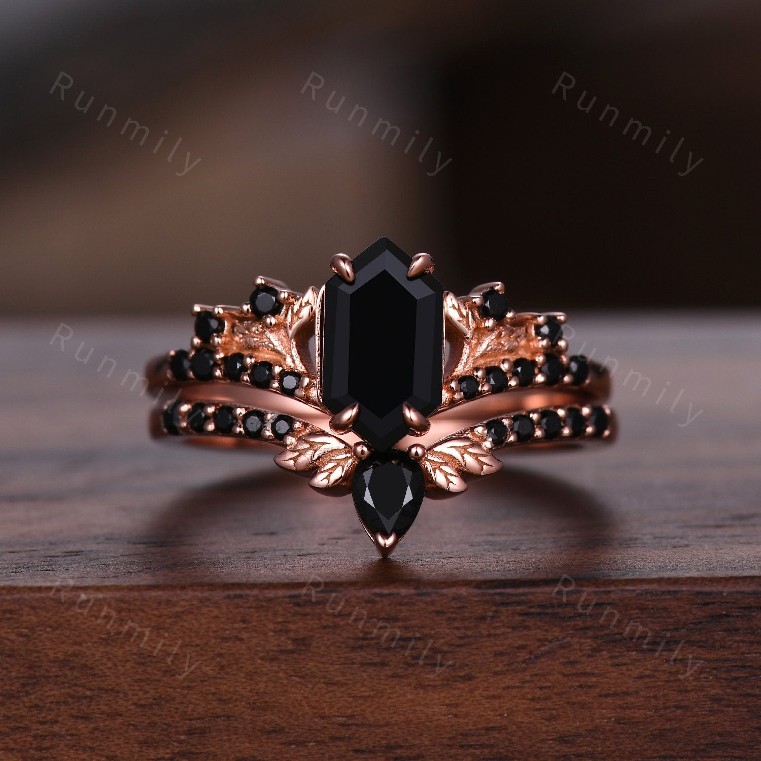 Vintage Hexagon Black Onyx Engagement Ring Set Rose Gold Leaf Branch Black Spinel Ring Unique Art Deco Bridal Wedding Ring Set Black Stone