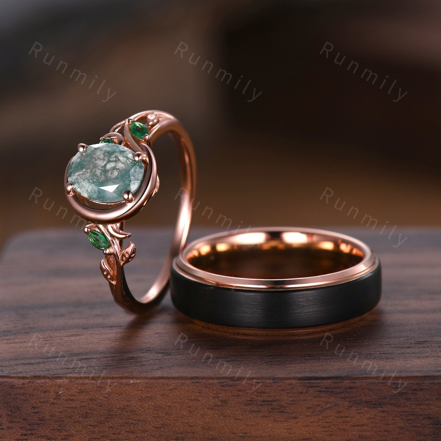 Green Moss Agate Ring Set, His and Hers Wedding Band Rose Gold Matching Ring Set Vintage Moon Engagement Ring Nature Leaf Style Couples Ring