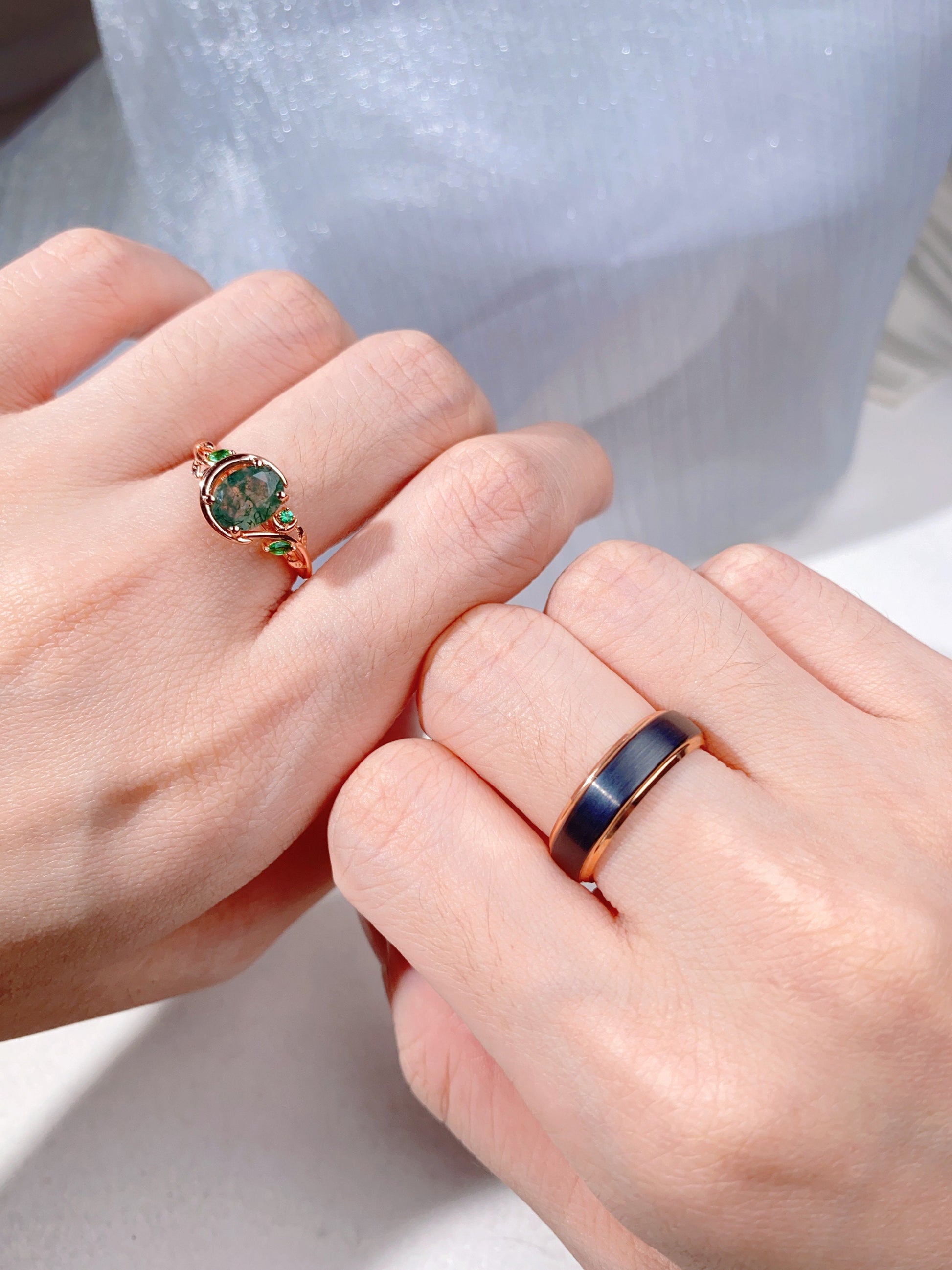 Green Moss Agate Ring Set, His and Hers Wedding Band Rose Gold Matching Ring Set Vintage Moon Engagement Ring Nature Leaf Style Couples Ring