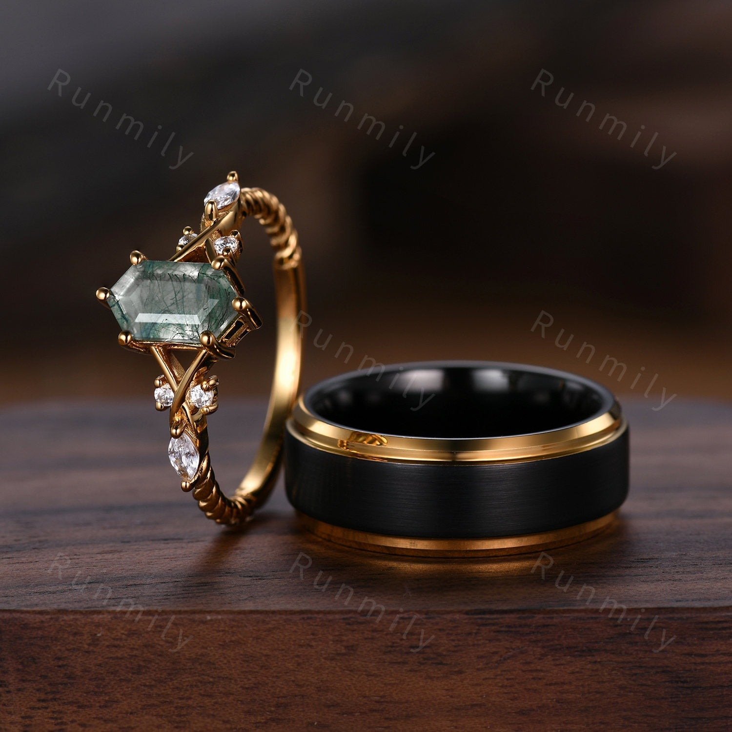 Vintage Moss Agate Couples Ring Yellow Gold Matching Ring Set His and Hers Wedding Band Promise Ring For Men For Women Natural Agate Gem