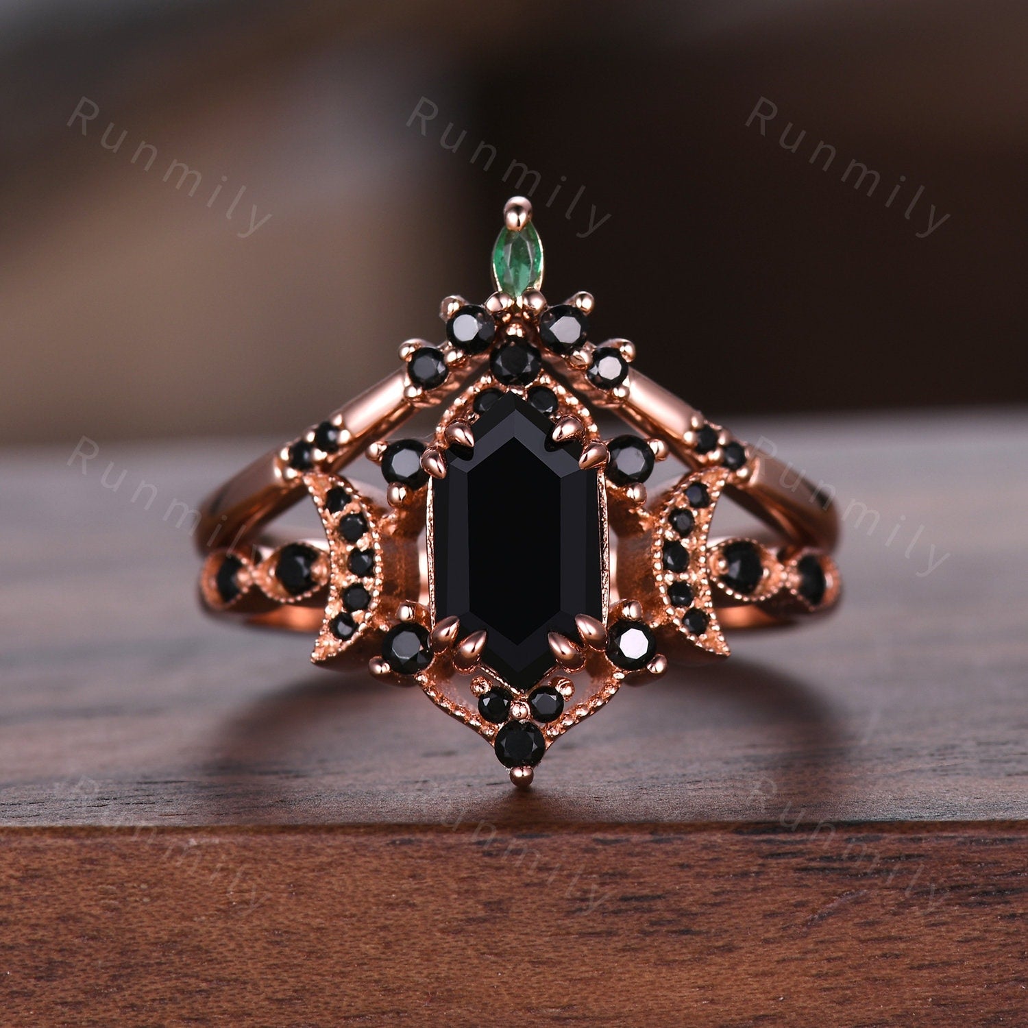Retro Hexagon Cut Black Onyx Couples Ring Rose Gold Matching Ring Set His And Hers Wedding Band Promise Ring For Men For Women Black Gems