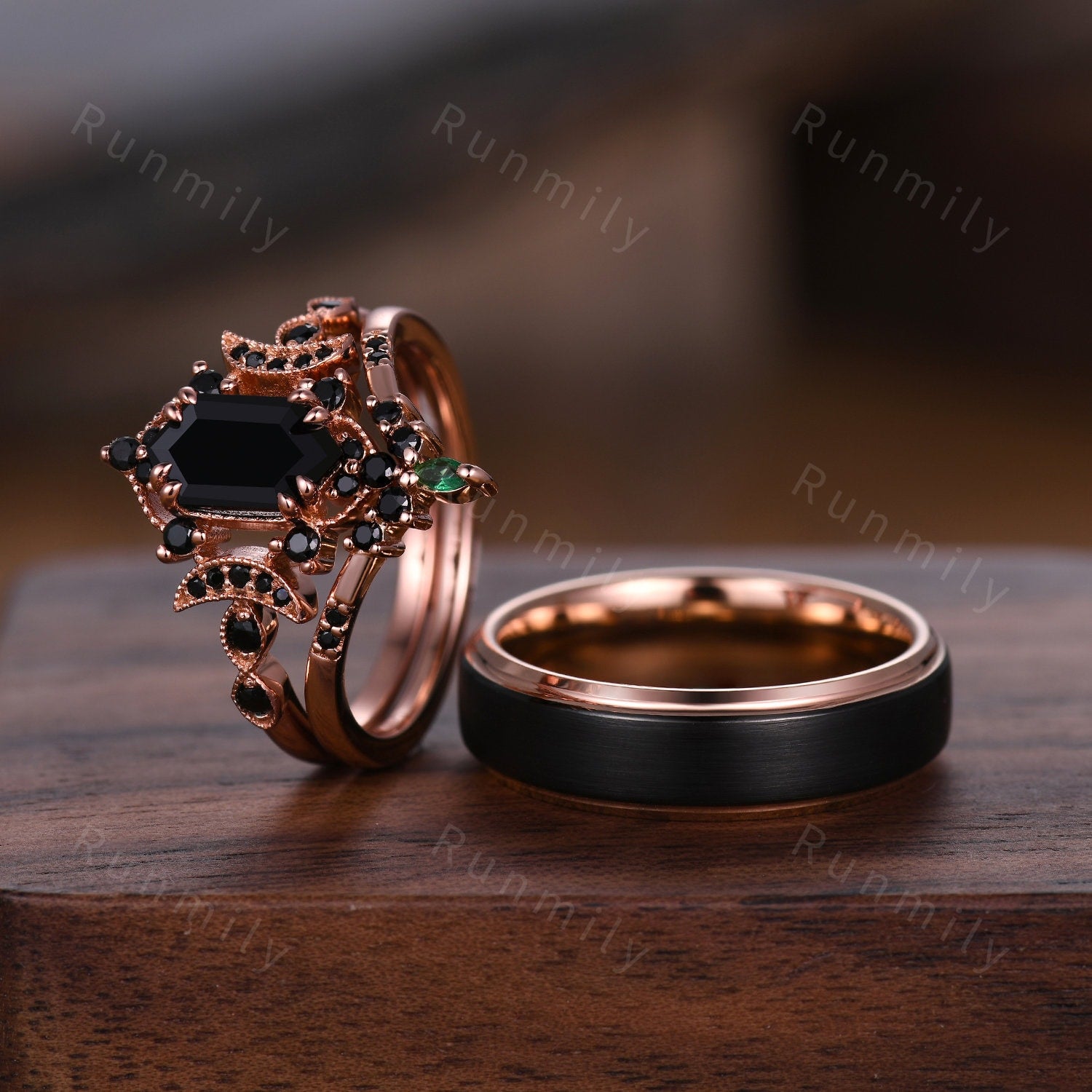 Retro Hexagon Cut Black Onyx Couples Ring Rose Gold Matching Ring Set His And Hers Wedding Band Promise Ring For Men For Women Black Gems