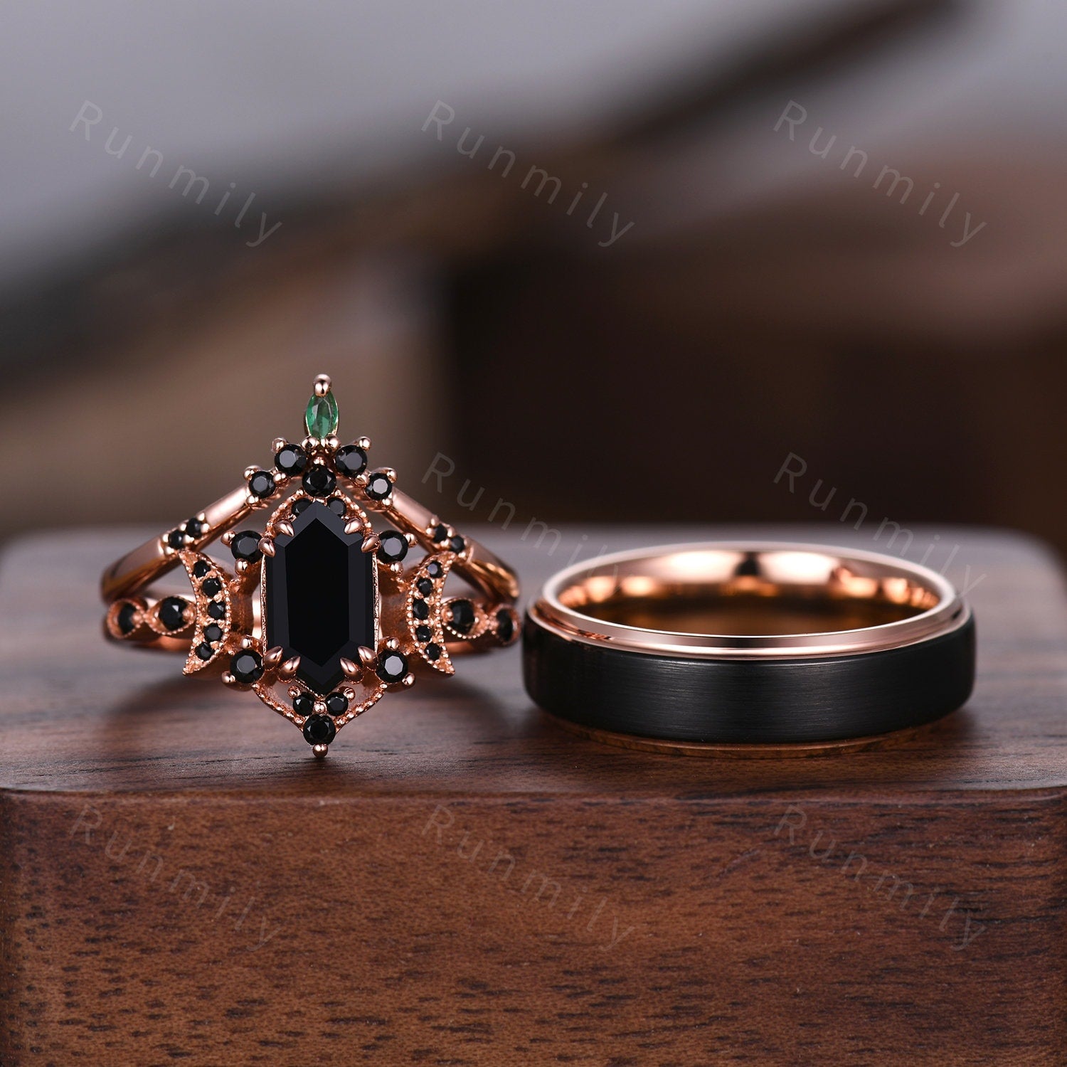 Retro Hexagon Cut Black Onyx Couples Ring Rose Gold Matching Ring Set His And Hers Wedding Band Promise Ring For Men For Women Black Gems