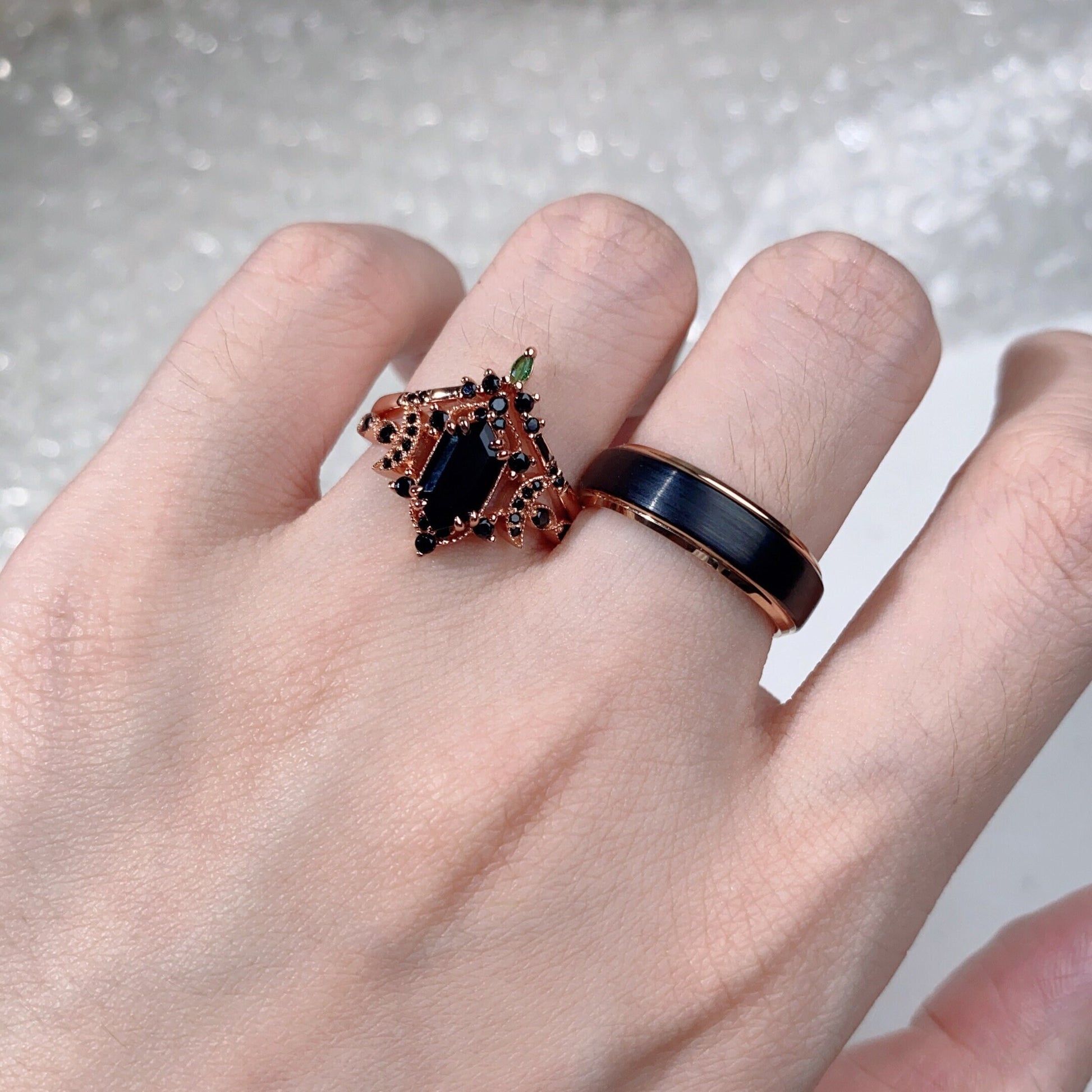 Retro Hexagon Cut Black Onyx Couples Ring Rose Gold Matching Ring Set His And Hers Wedding Band Promise Ring For Men For Women Black Gems