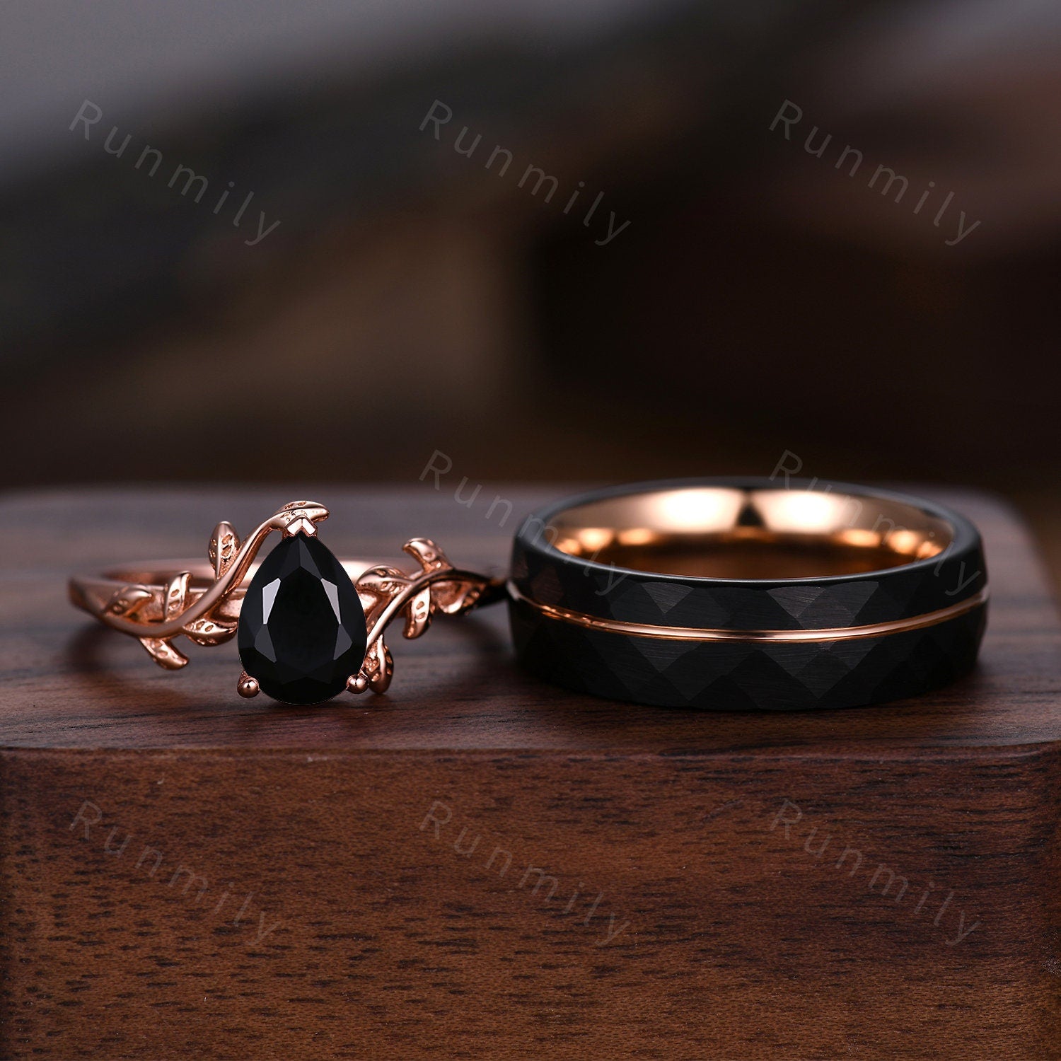 Pear Cut Black Onyx Couples Ring Rose Gold Matching Ring Set His And Hers Wedding Band Promise Ring For Men For Women Natural Black Gemstone