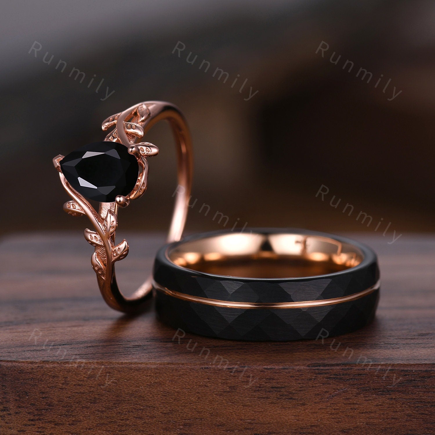 Pear Cut Black Onyx Couples Ring Rose Gold Matching Ring Set His And Hers Wedding Band Promise Ring For Men For Women Natural Black Gemstone