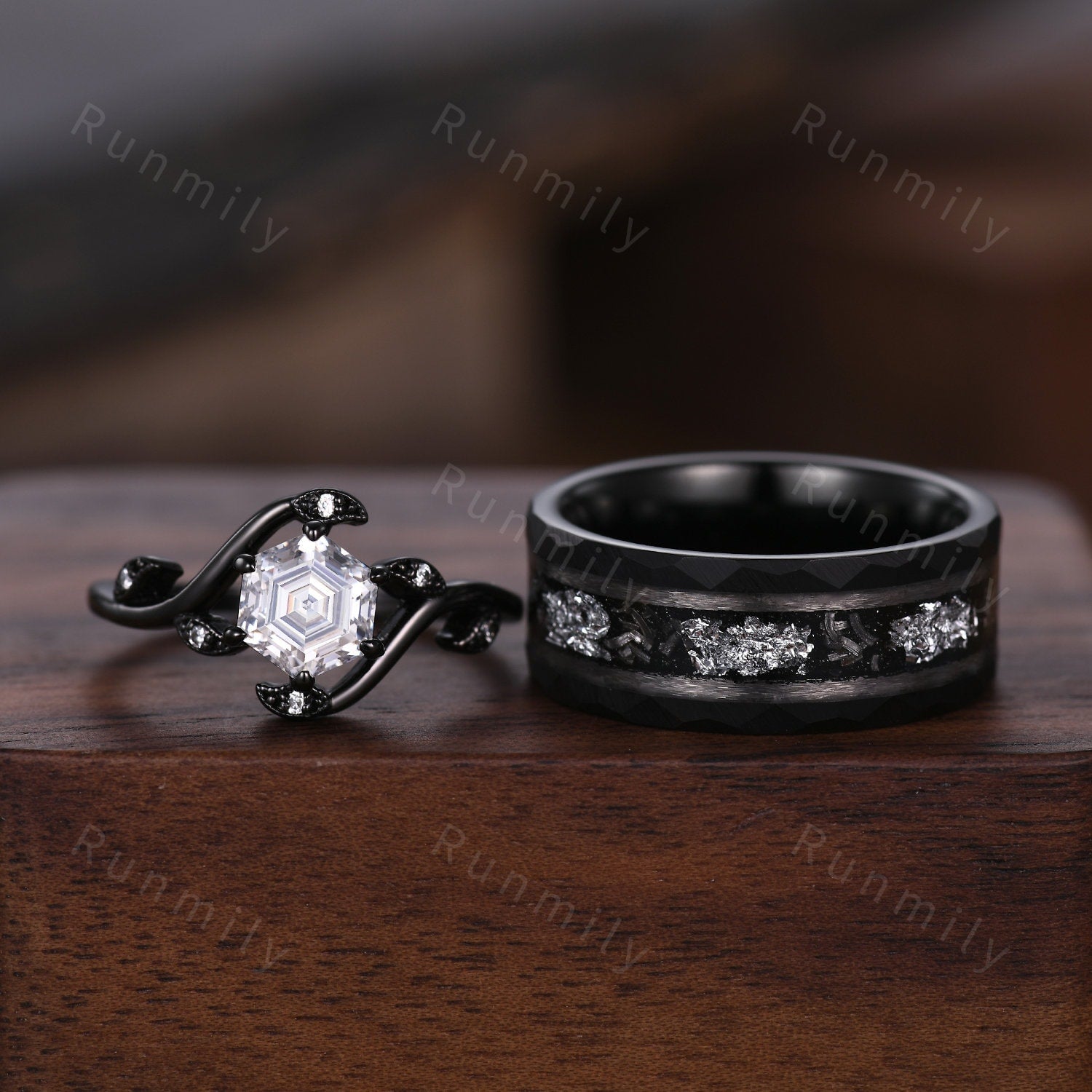 Hexagon cut Diamond Couples Ring Black Gold Matching Ring Set His and Hers Wedding Band Promise Ring For Men For Women Nature Inspired Ring