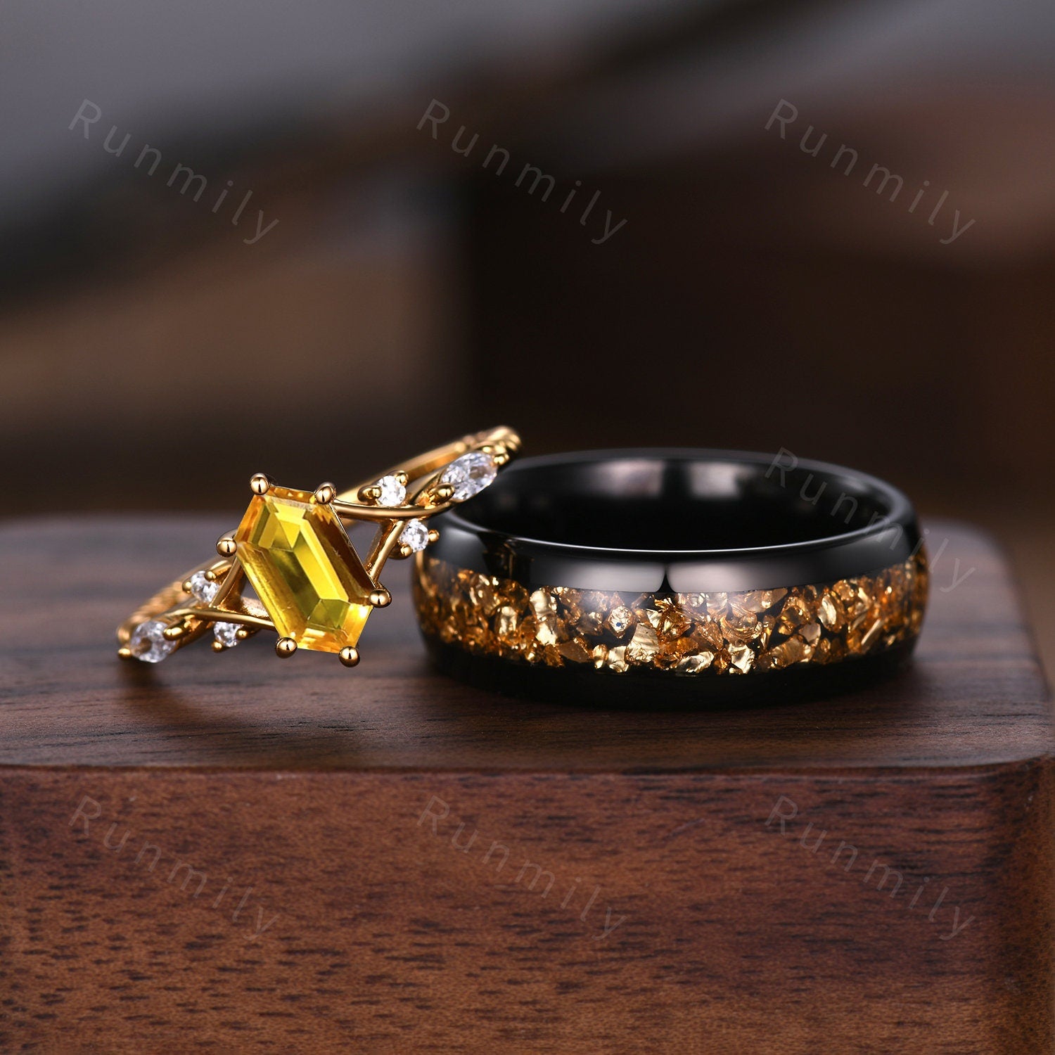 Vintage Citrine Couples Ring Yellow Gold Matching Ring Set His and Hers Wedding Band Promise Ring For Women For Men Crushed Citrine Ring