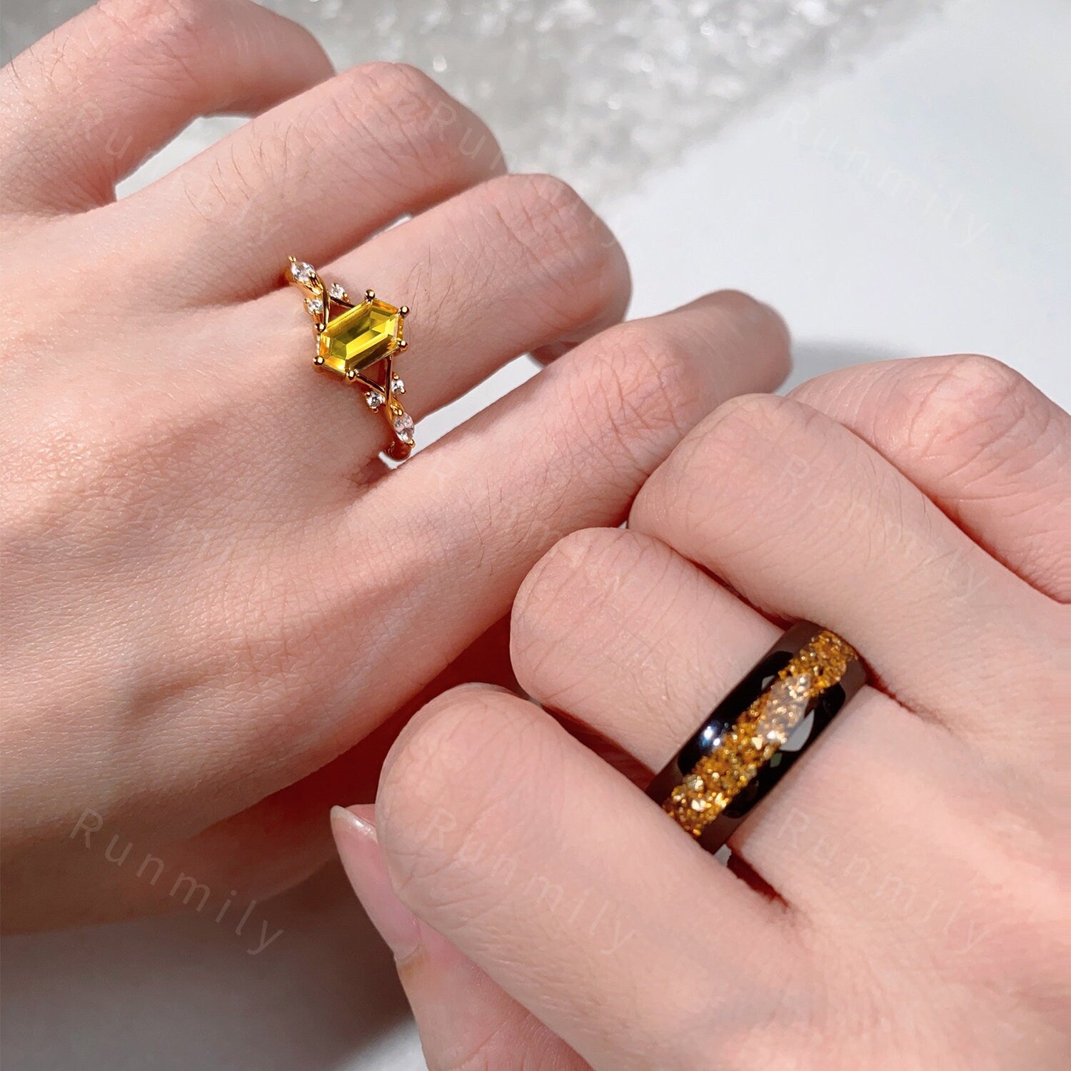 Vintage Citrine Couples Ring Yellow Gold Matching Ring Set His and Hers Wedding Band Promise Ring For Women For Men Crushed Citrine Ring