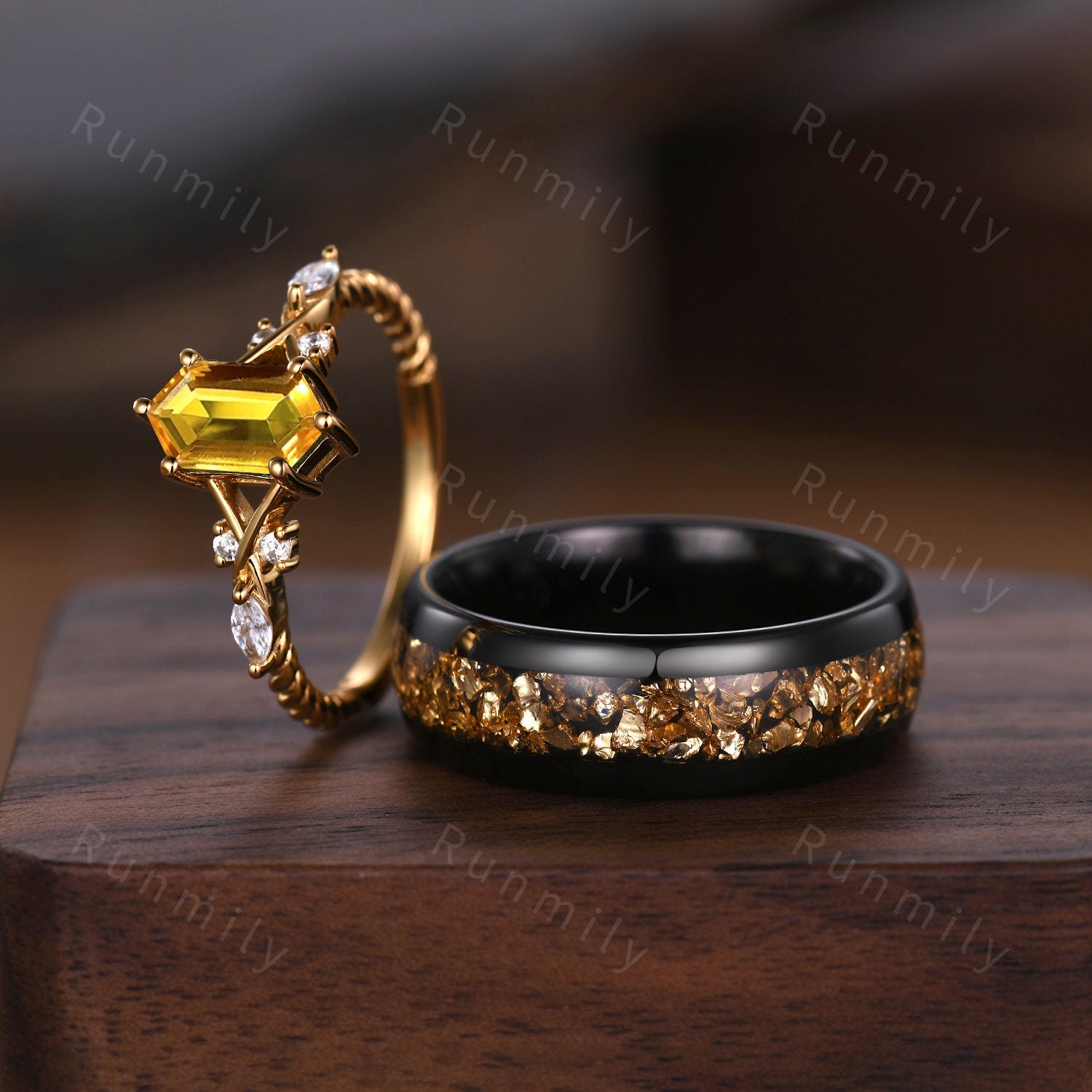 Vintage Citrine Couples Ring Yellow Gold Matching Ring Set His and Hers Wedding Band Promise Ring For Women For Men Crushed Citrine Ring