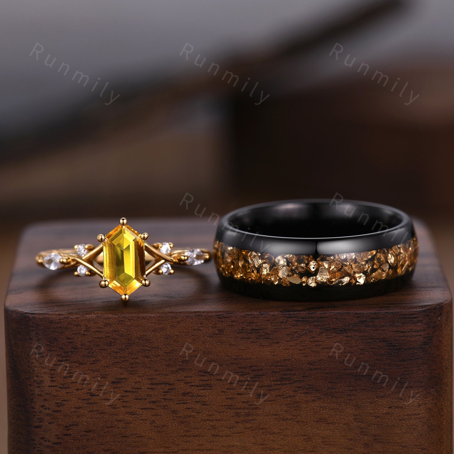 Vintage Citrine Couples Ring Yellow Gold Matching Ring Set His and Hers Wedding Band Promise Ring For Women For Men Crushed Citrine Ring