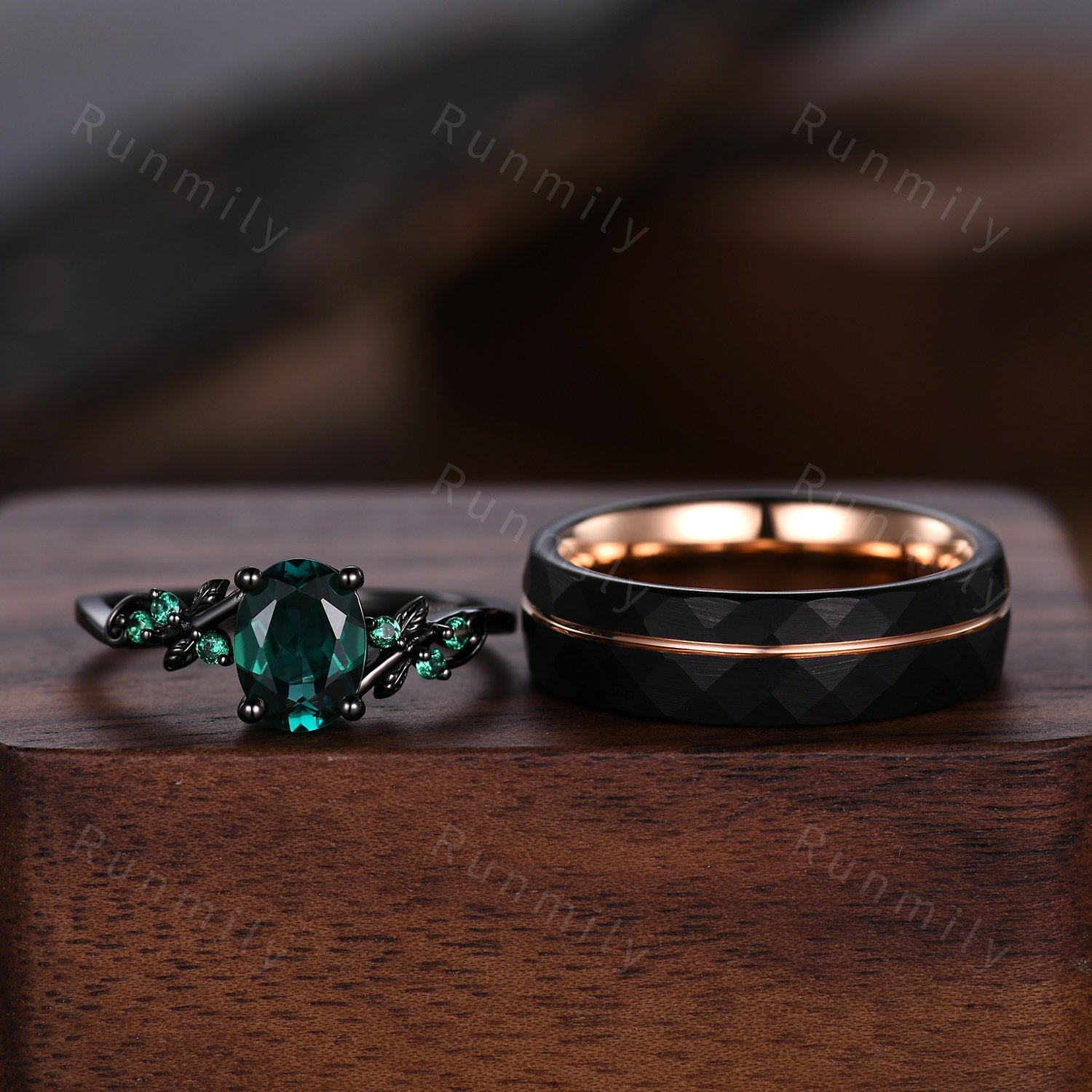Oval cut emerald couples ring set black gold matching promise ring His and Her wedding band Mens wedding ring Emerald anniversary rings