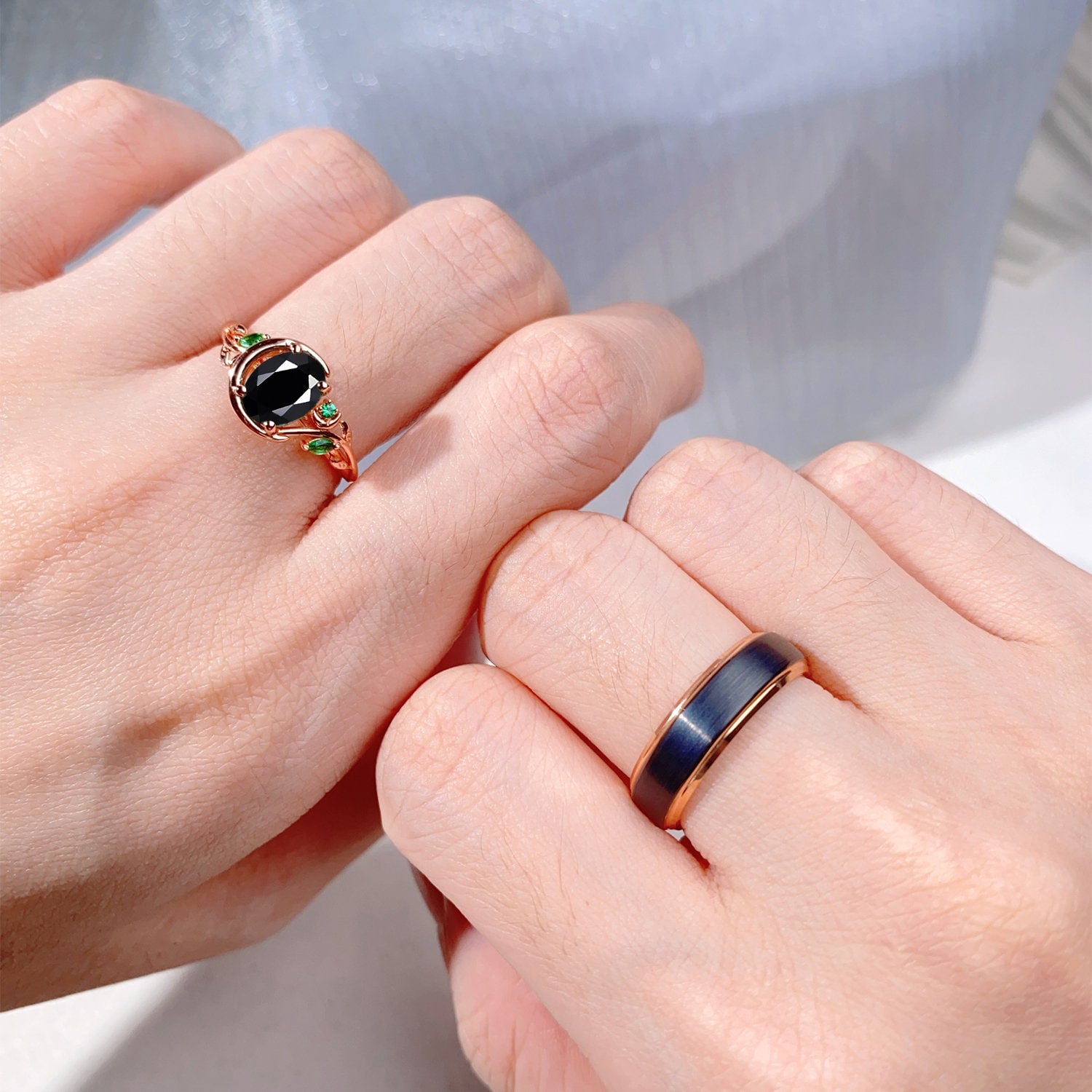 Oval Cut Black Onyx Couples Ring Set Rose Gold Matching Ring Set Vintage Moon Engagement Ring For Women Unique His And Hers Wedding Band