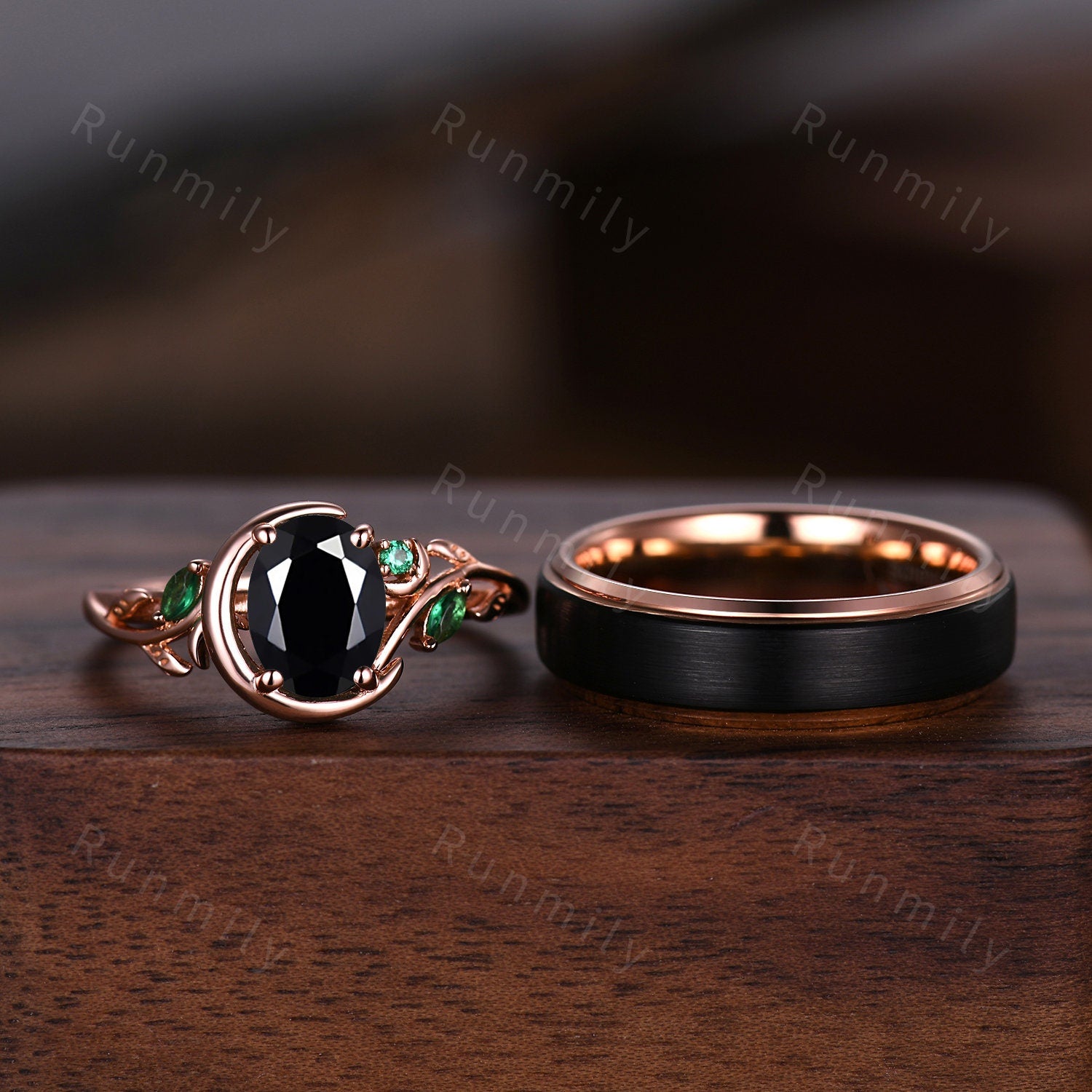 Oval Cut Black Onyx Couples Ring Set Rose Gold Matching Ring Set Vintage Moon Engagement Ring For Women Unique His And Hers Wedding Band