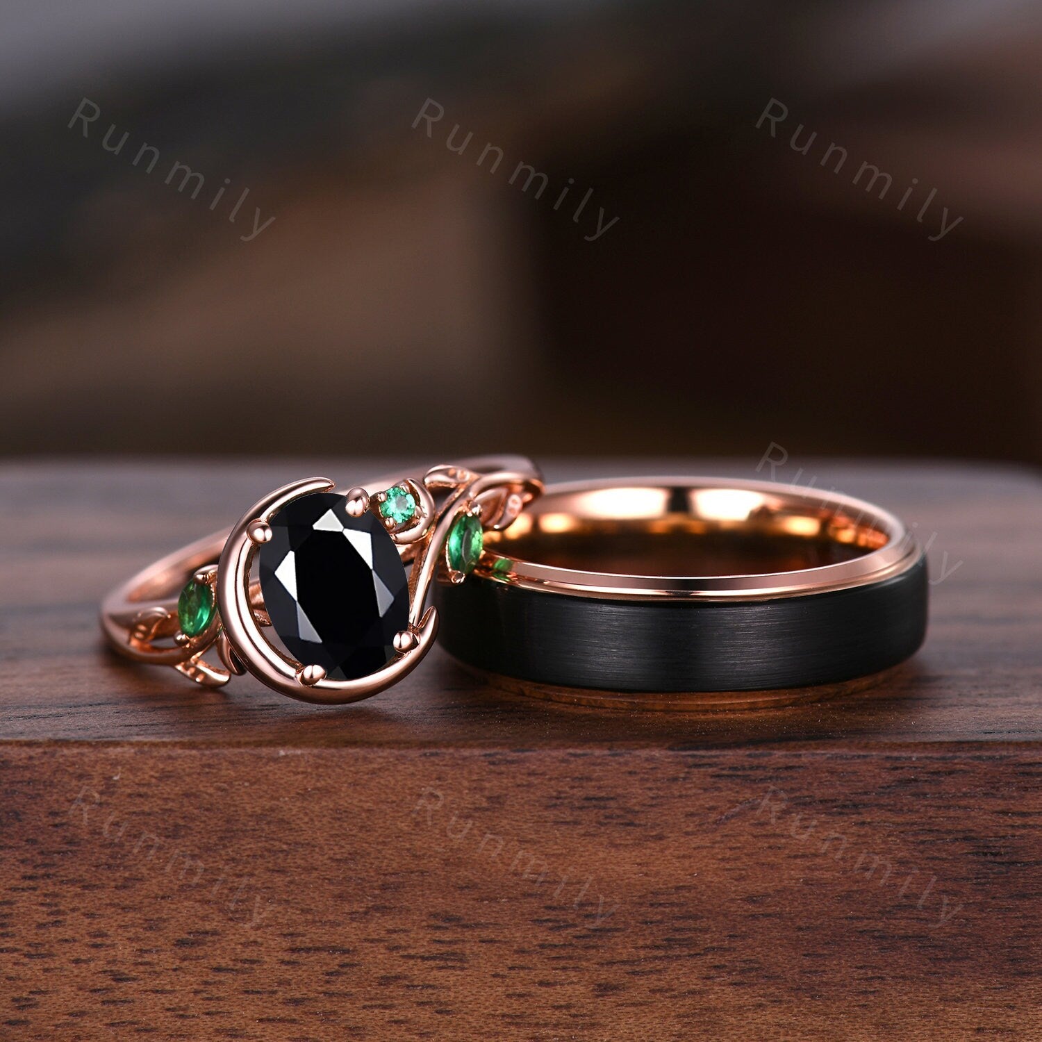 Oval Cut Black Onyx Couples Ring Set Rose Gold Matching Ring Set Vintage Moon Engagement Ring For Women Unique His And Hers Wedding Band