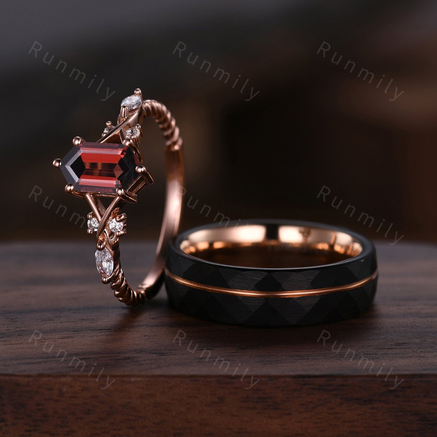 Vintage Garnet Couples Ring Rose Gold Matching Ring Set His and Hers Wedding Band Promise Ring For Men For Women Natural Red Gemstone Ring