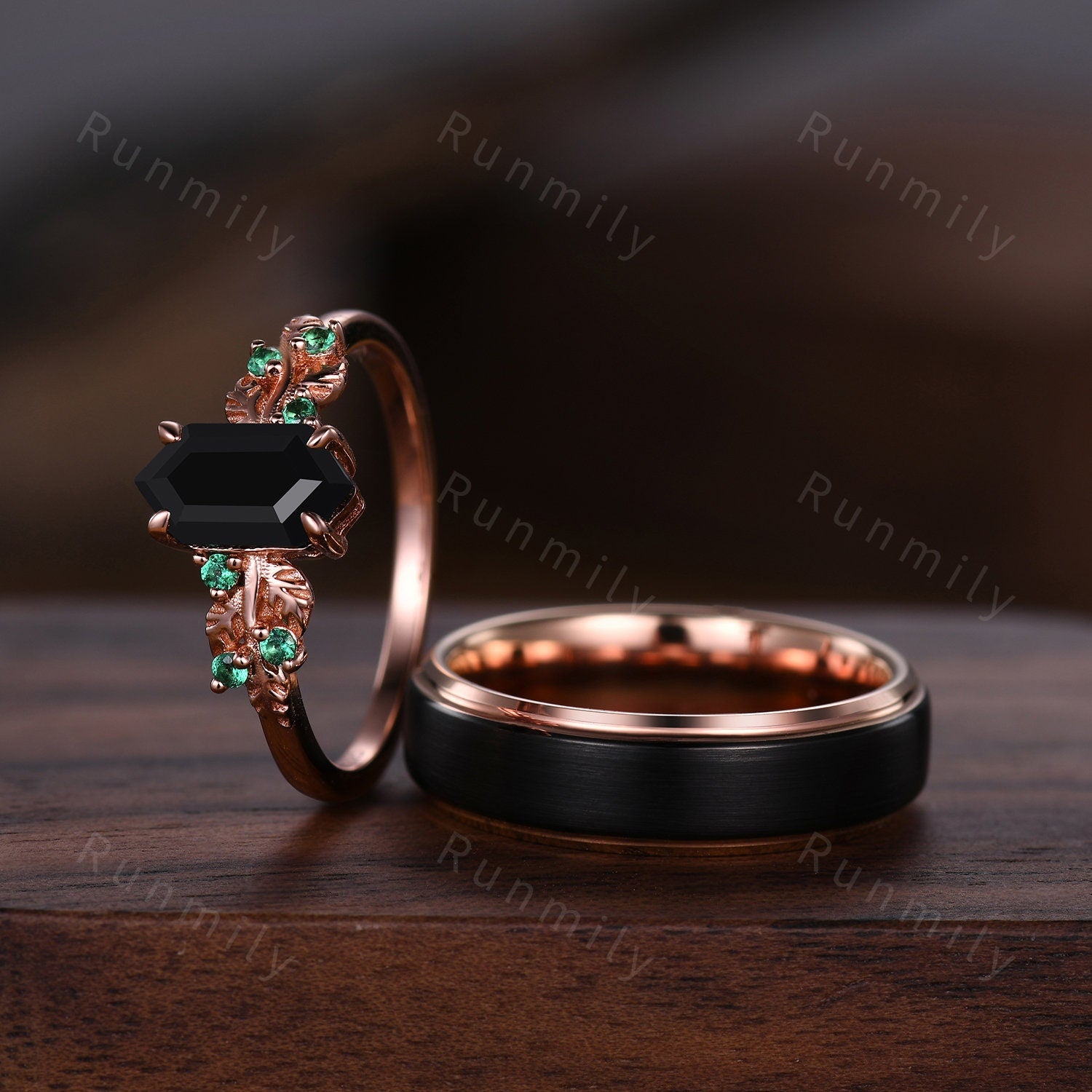Vintage Black Onyx Emerald Couples Ring Rose Gold Wedding Ring Set His And Hers Wedding Band Mens Tungsten Ring Women Nautre Inspired Ring