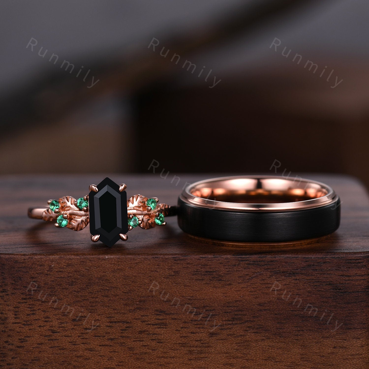 Vintage Black Onyx Emerald Couples Ring Rose Gold Wedding Ring Set His And Hers Wedding Band Mens Tungsten Ring Women Nautre Inspired Ring