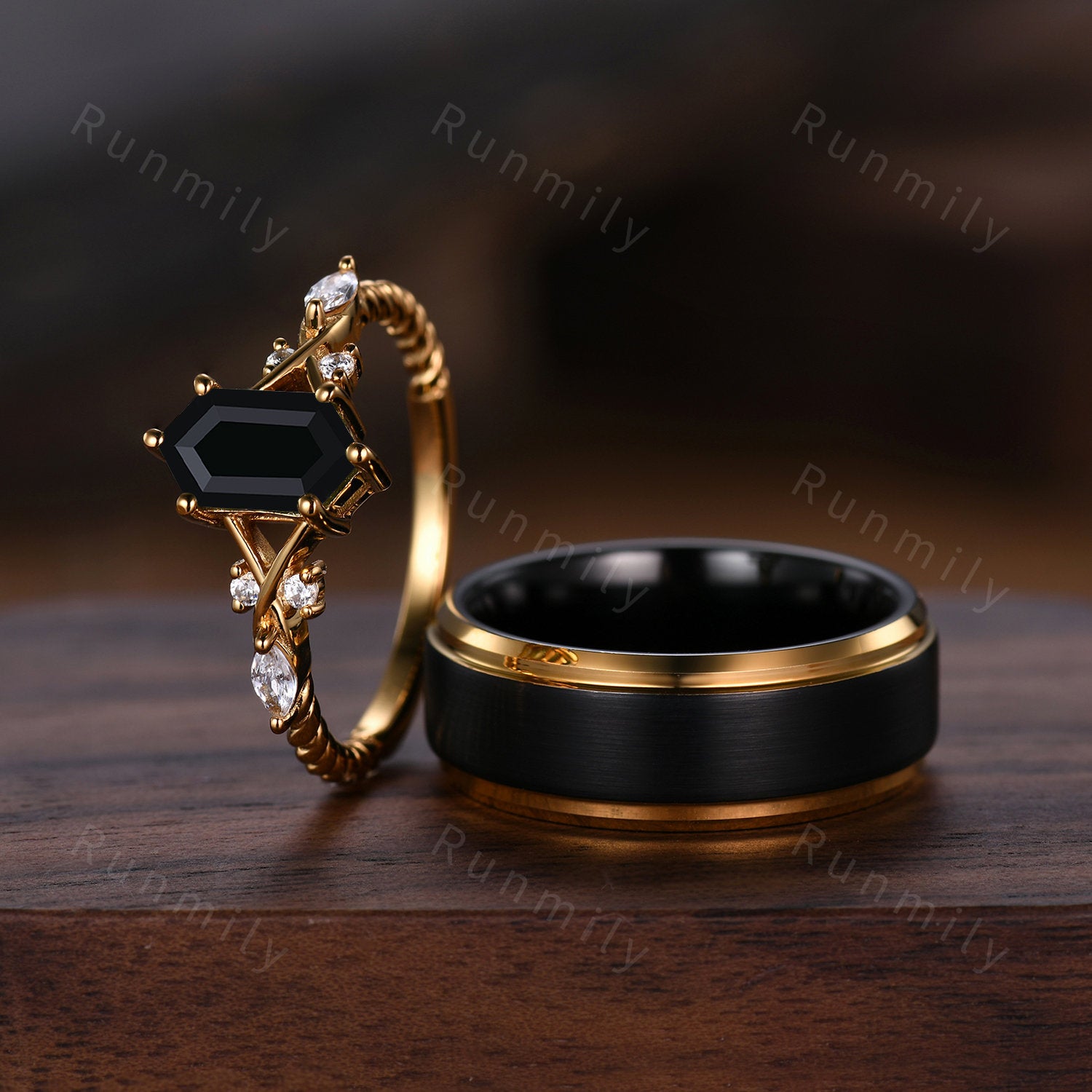 Vintage Black onyx Couples Ring Yellow Gold Matching Ring Set His and Hers Wedding Band Promise Ring For Men For Women Natural Black Gem