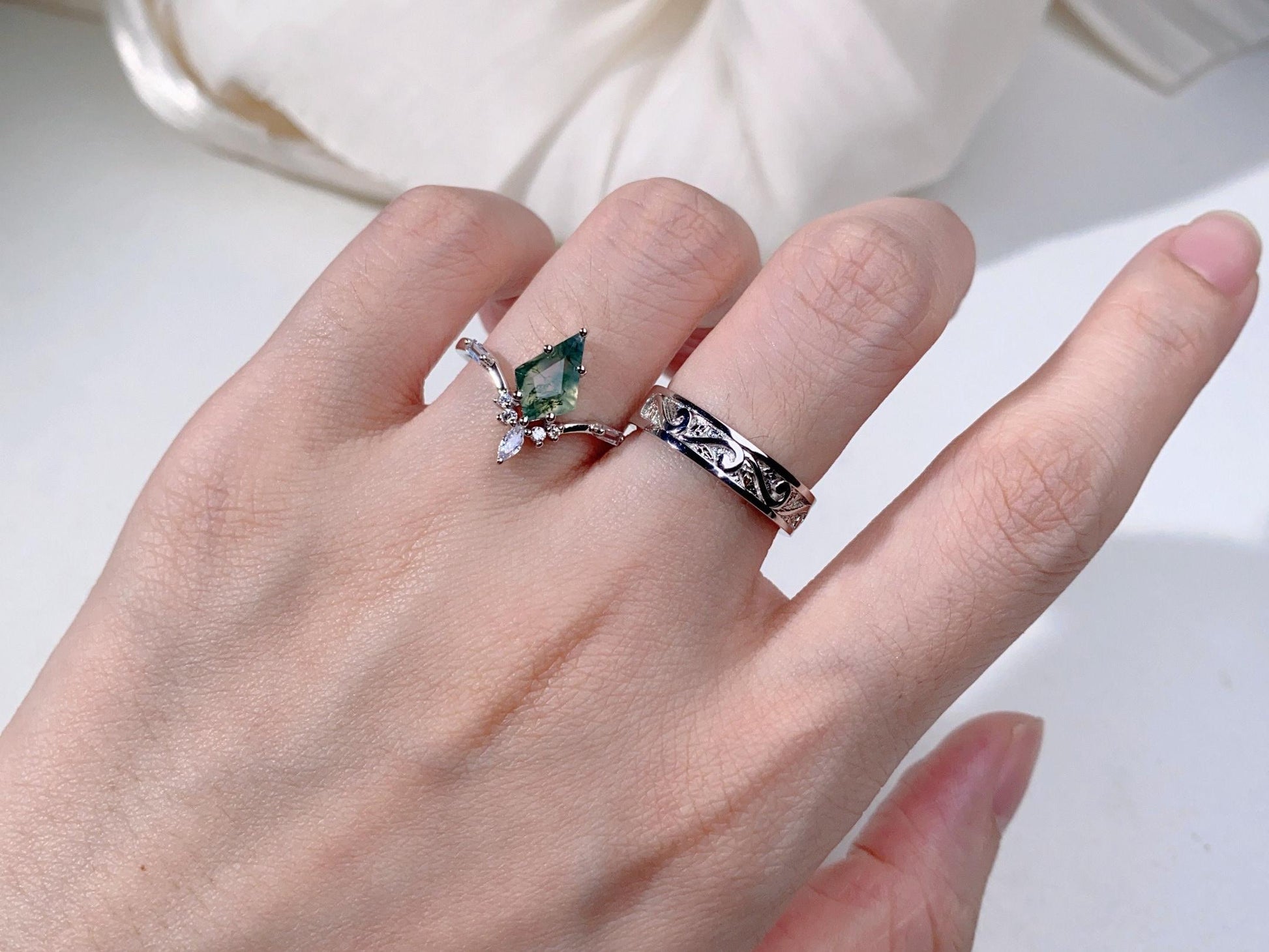 Kite cut moss agate couples ring sterling silver unique art deco wedding ring set twig leaf Mens wedding band Natural agate ring for Women