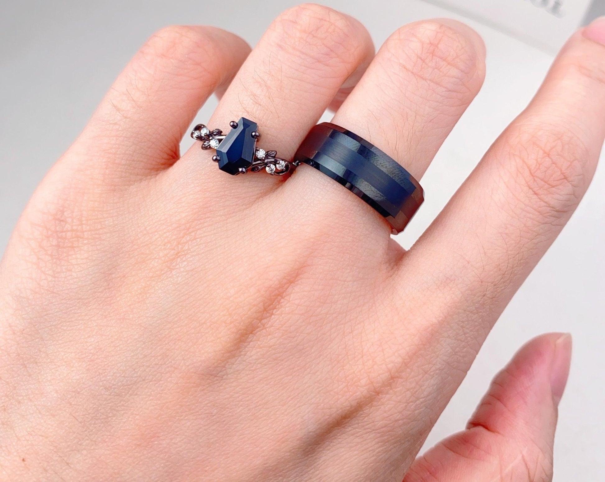 Coffin cut black onyx couples ring black gold matching ring set Mens black ceramics ring His and Hers wedding band art deco bridal ring