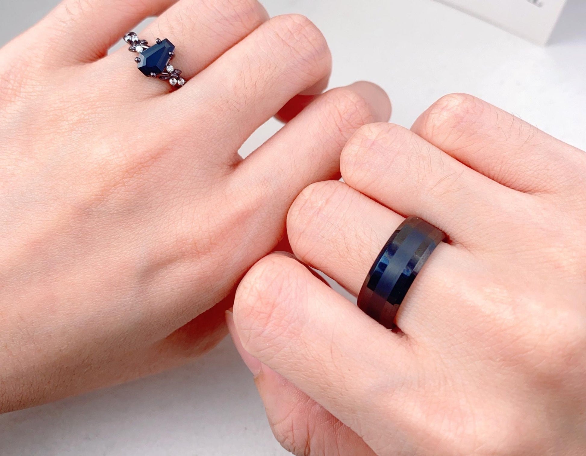 Coffin cut black onyx couples ring black gold matching ring set Mens black ceramics ring His and Hers wedding band art deco bridal ring