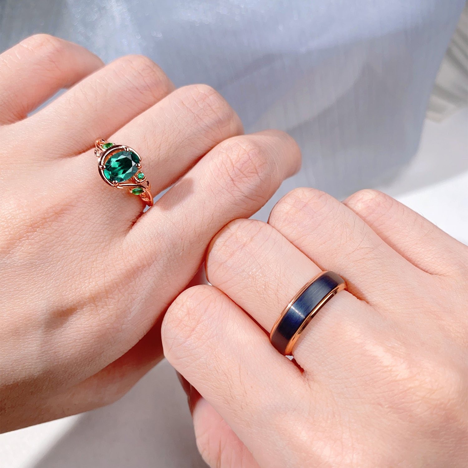 Vintage Green Emerald Couples Ring Rose Gold Matching Ring Set Women Unique Moon Style Ring 8mm Mens Band His And Hers May Birthstone Ring
