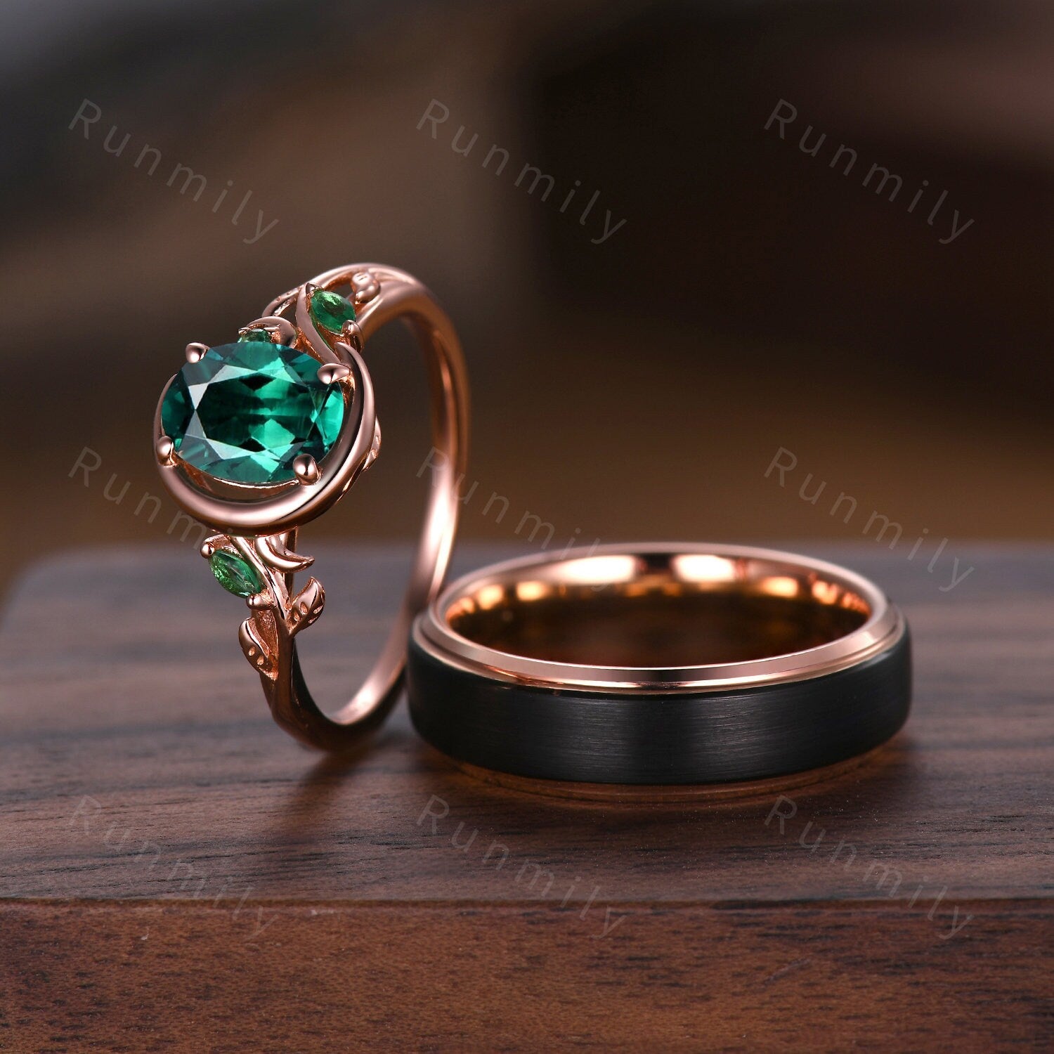 Vintage Green Emerald Couples Ring Rose Gold Matching Ring Set Women Unique Moon Style Ring 8mm Mens Band His And Hers May Birthstone Ring