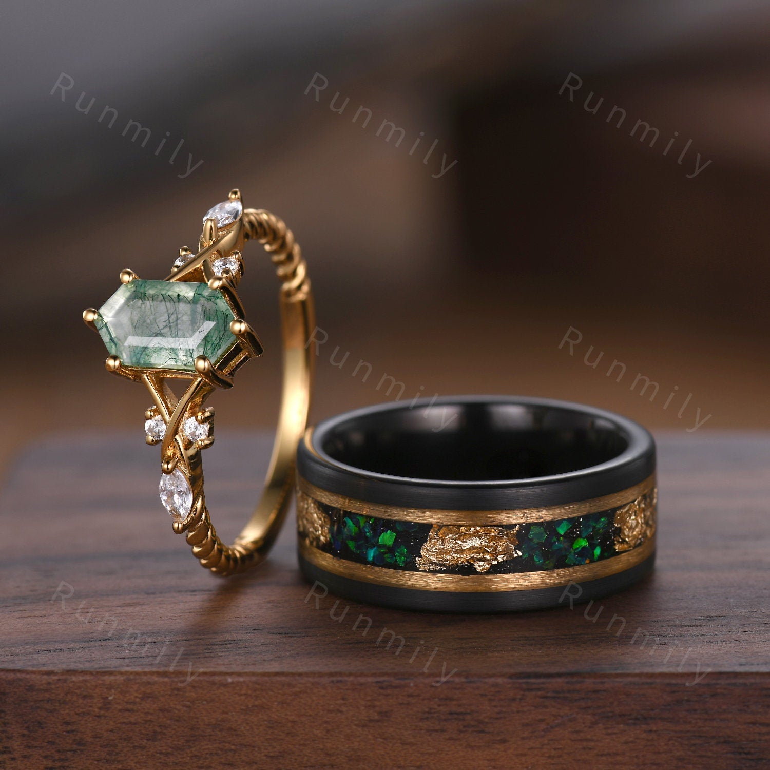 Vintage Moss Agate Couples Ring Yellow Gold Matching Ring Set His and Hers Wedding Band Mens Opal Ring Promise Ring For Men For Women