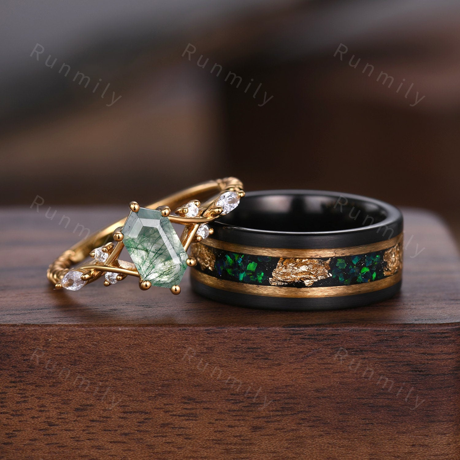 Vintage Moss Agate Couples Ring Yellow Gold Matching Ring Set His and Hers Wedding Band Mens Opal Ring Promise Ring For Men For Women