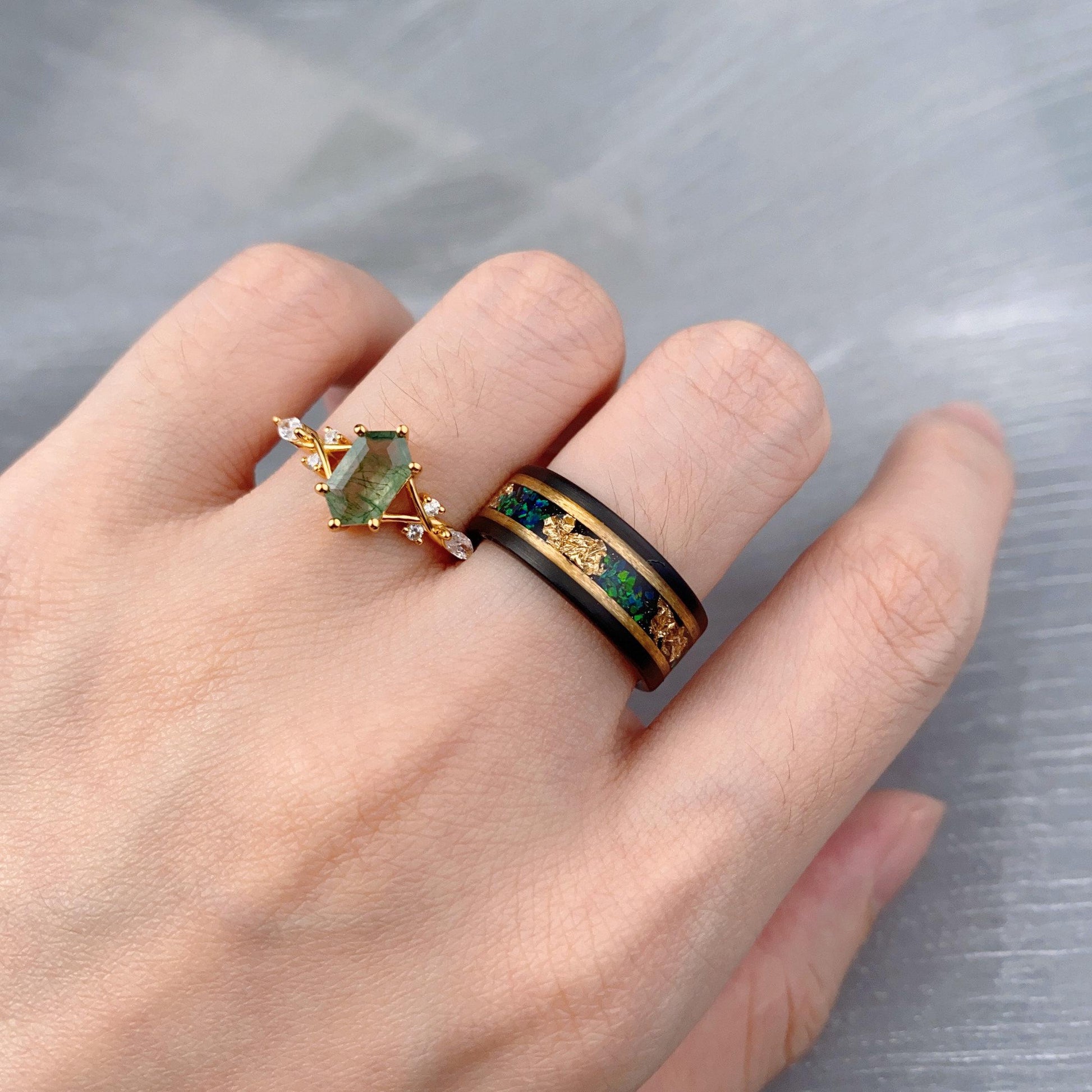 Vintage Moss Agate Couples Ring Yellow Gold Matching Ring Set His and Hers Wedding Band Mens Opal Ring Promise Ring For Men For Women