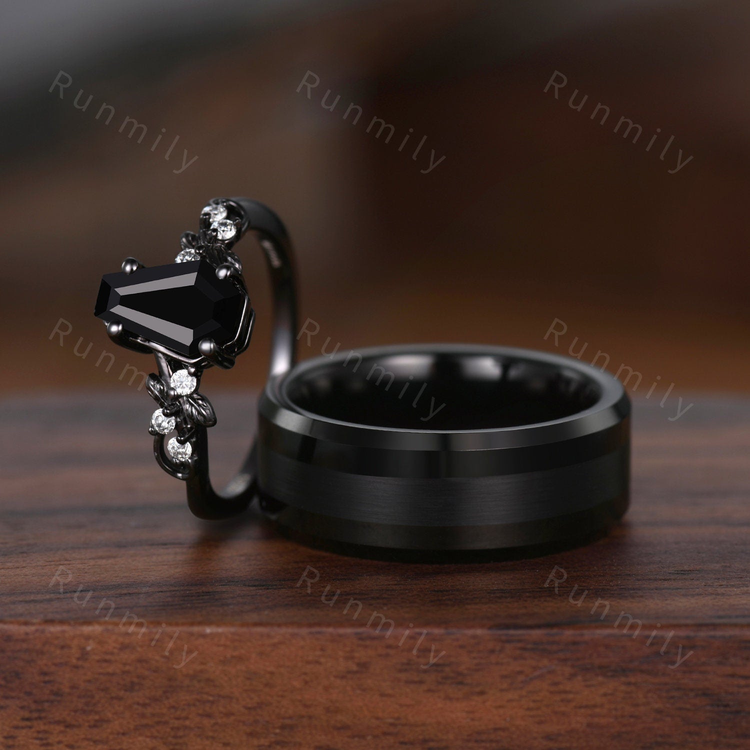 Coffin cut black onyx couples ring black gold matching ring set Mens black ceramics ring His and Hers wedding band art deco bridal ring