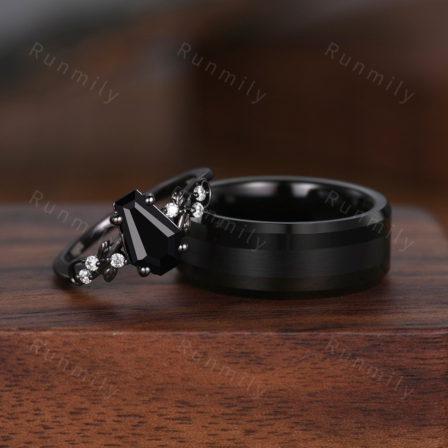 Coffin cut black onyx couples ring black gold matching ring set Mens black ceramics ring His and Hers wedding band art deco bridal ring