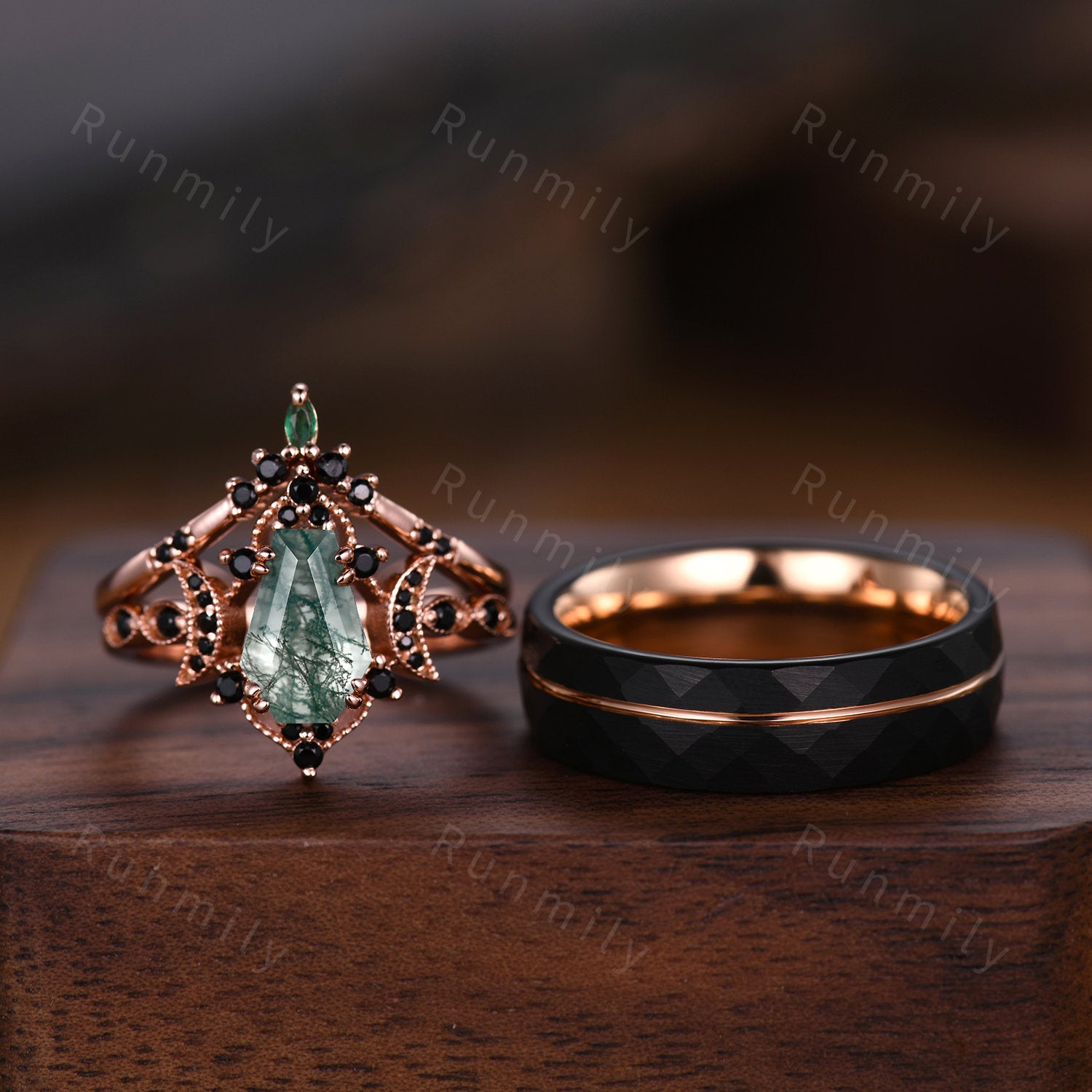 Vintage Coffin cut Moss Agate Couples Ring Rose Gold Matching Ring Set His and Hers Wedding Band Promise Ring For Men For Women Black Ring
