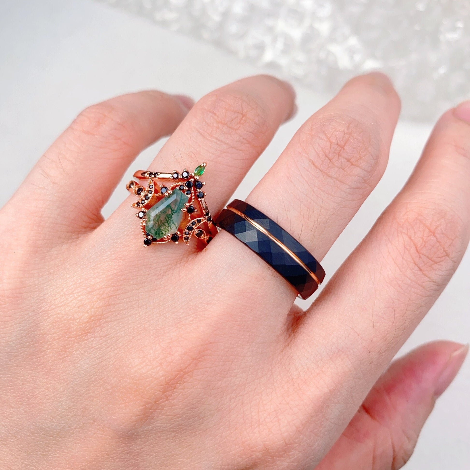 Vintage Coffin cut Moss Agate Couples Ring Rose Gold Matching Ring Set His and Hers Wedding Band Promise Ring For Men For Women Black Ring