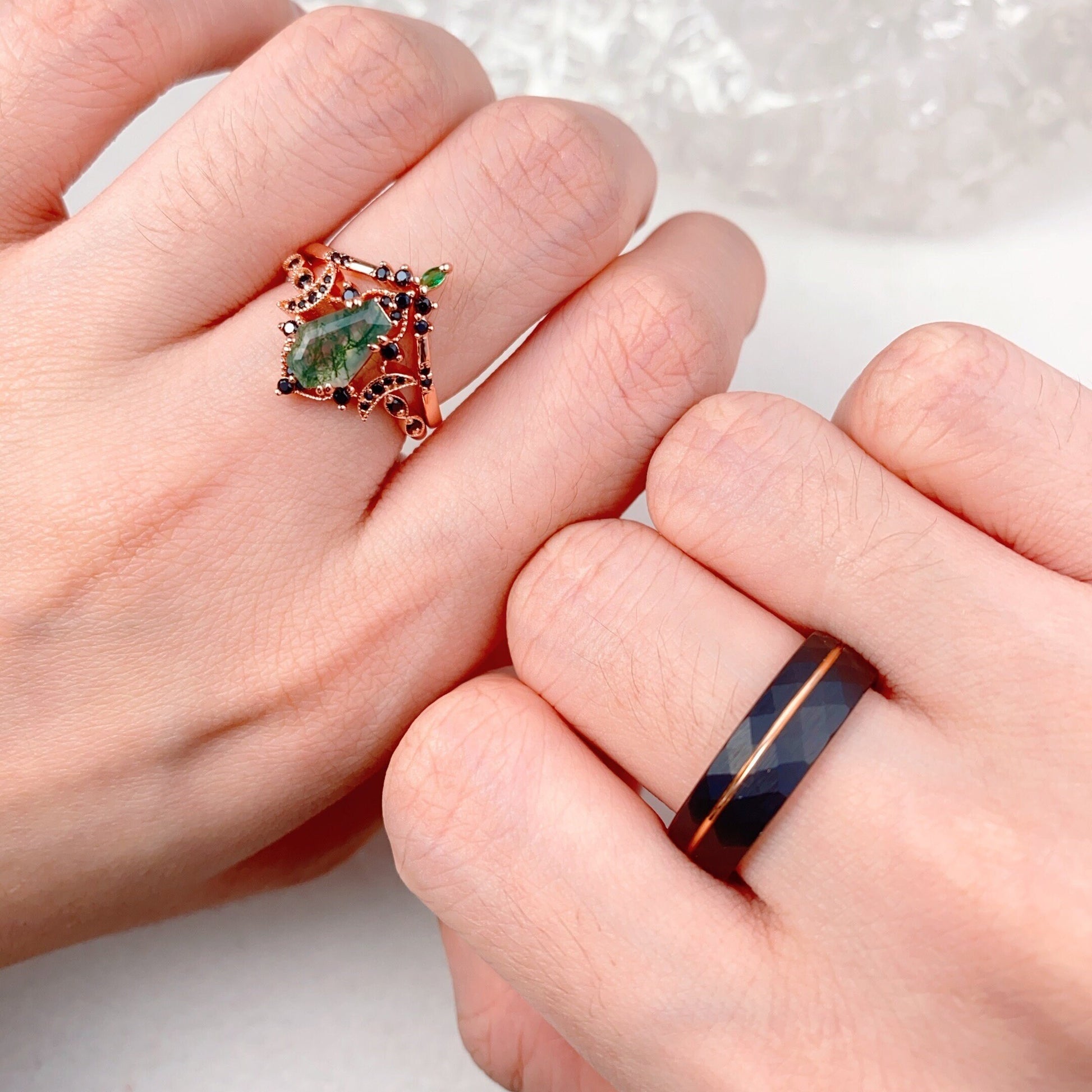 Vintage Coffin cut Moss Agate Couples Ring Rose Gold Matching Ring Set His and Hers Wedding Band Promise Ring For Men For Women Black Ring