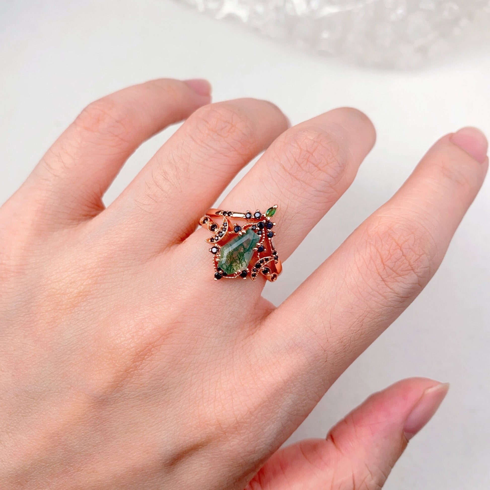 Vintage Coffin cut Moss Agate Couples Ring Rose Gold Matching Ring Set His and Hers Wedding Band Promise Ring For Men For Women Black Ring