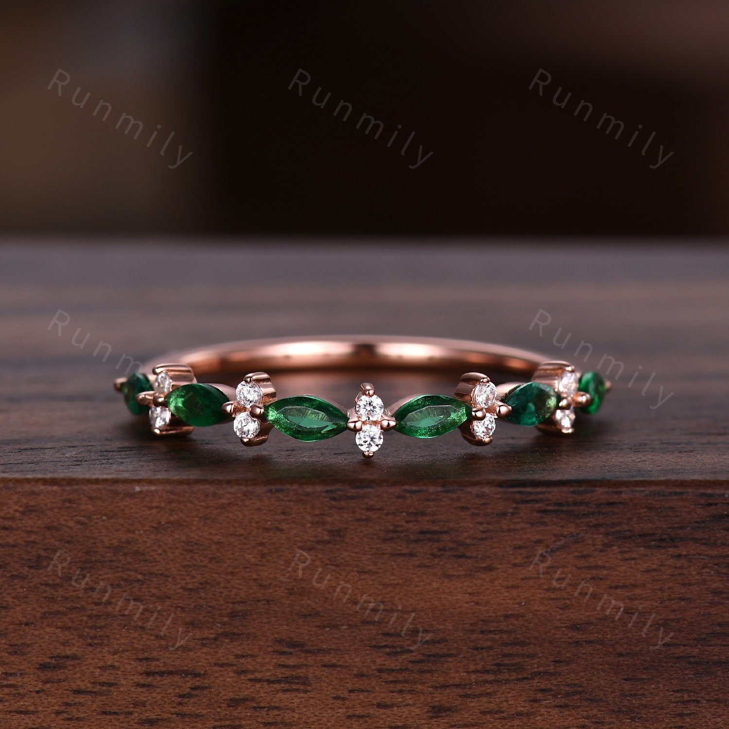 Unique emerald wedding band rose gold art deco marquise wedding ring for women dainty diamond band elegant anniversary ring gift