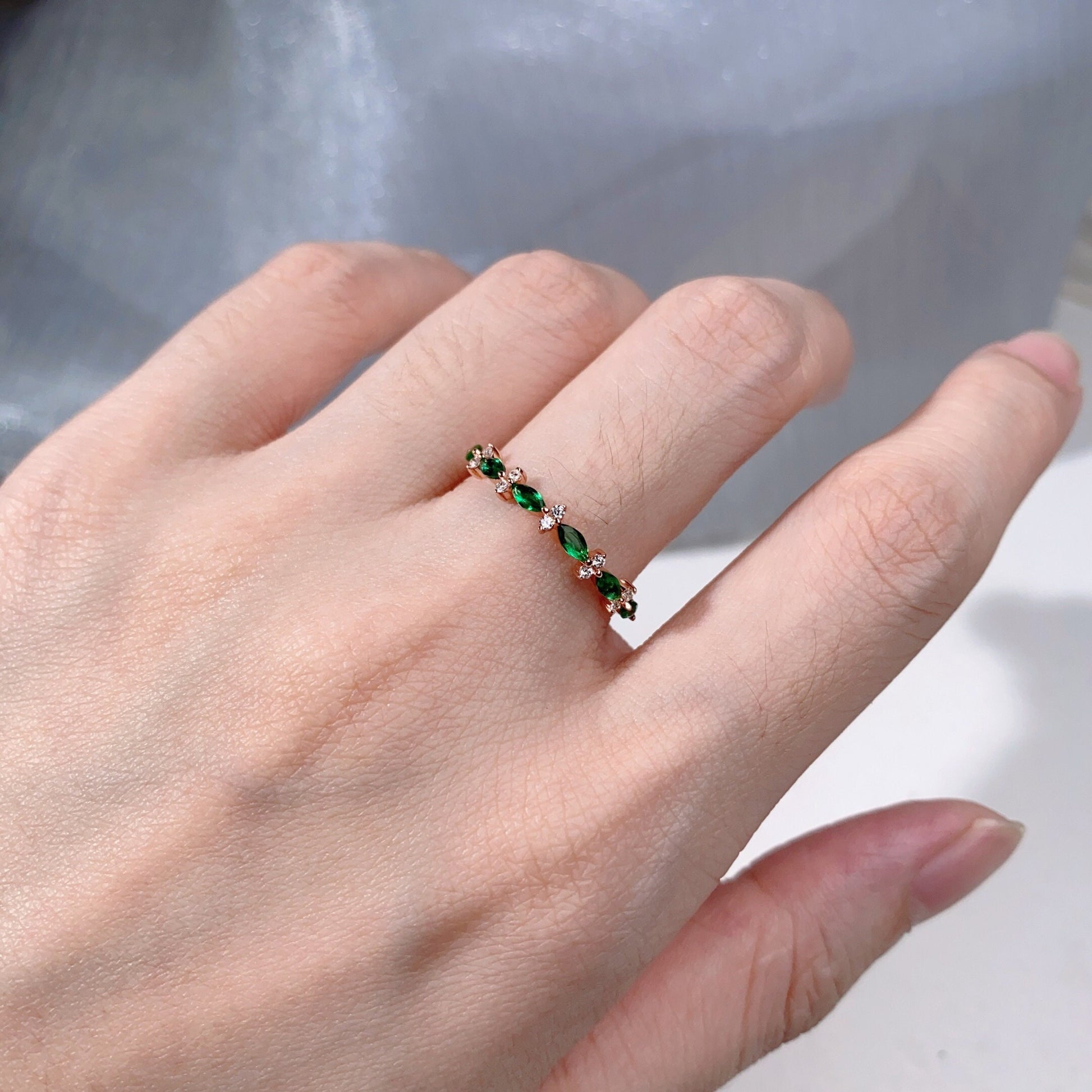 Unique emerald wedding band rose gold art deco marquise wedding ring for women dainty diamond band elegant anniversary ring gift