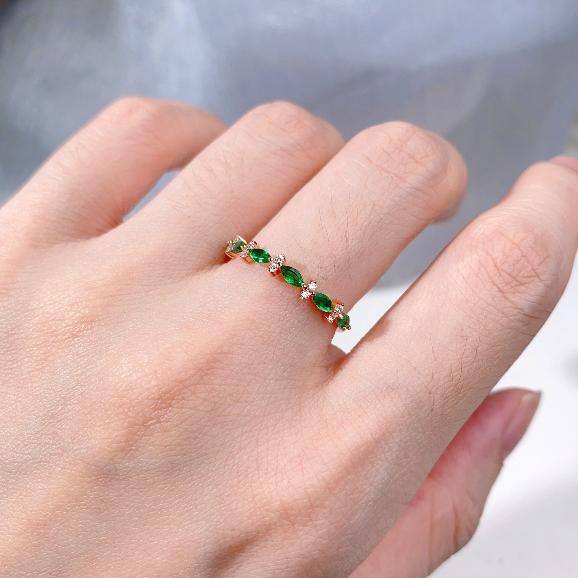 Unique emerald wedding band rose gold art deco marquise wedding ring for women dainty diamond band elegant anniversary ring gift