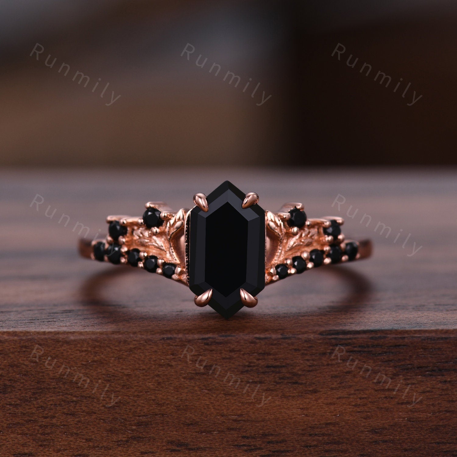 Vintage Hexagon Black Onyx Couples Ring Rose Gold Wedding Ring Set His And Hers Wedding Band Mens Black Gold Ring Unique Women Promise Ring