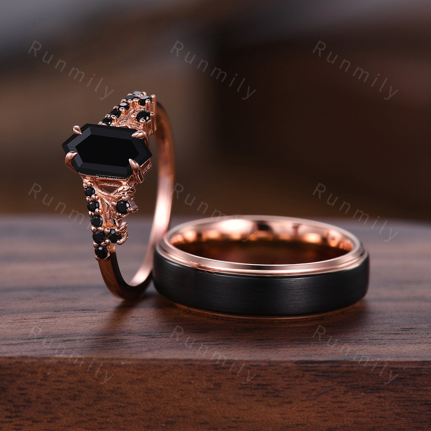 Vintage Hexagon Black Onyx Couples Ring Rose Gold Wedding Ring Set His And Hers Wedding Band Mens Black Gold Ring Unique Women Promise Ring