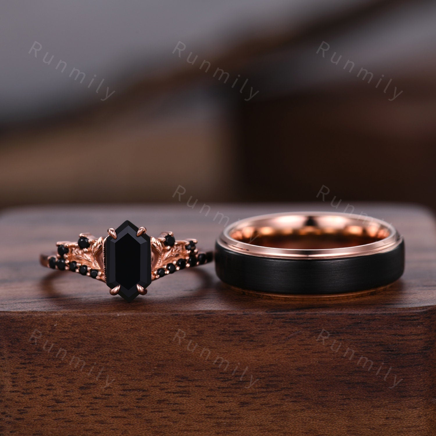 Vintage Hexagon Black Onyx Couples Ring Rose Gold Wedding Ring Set His And Hers Wedding Band Mens Black Gold Ring Unique Women Promise Ring